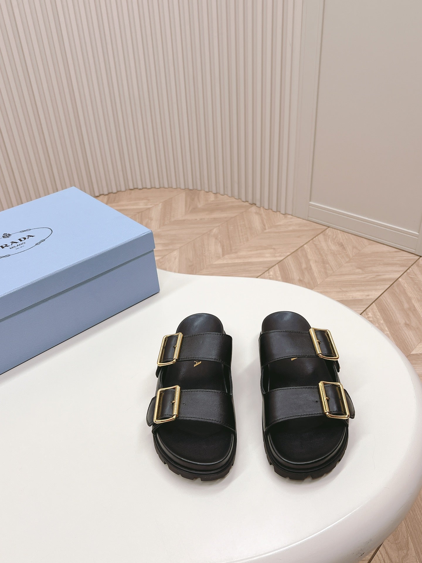 Luxury PradaDouble Buckle Strap Slides 20 Black Calfskin