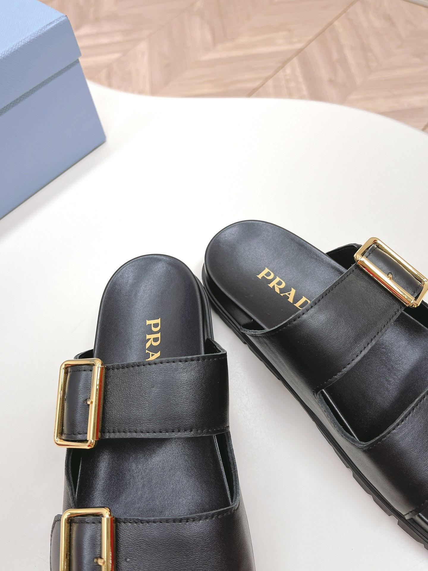 Luxury PradaDouble Buckle Strap Slides 20 Black Calfskin