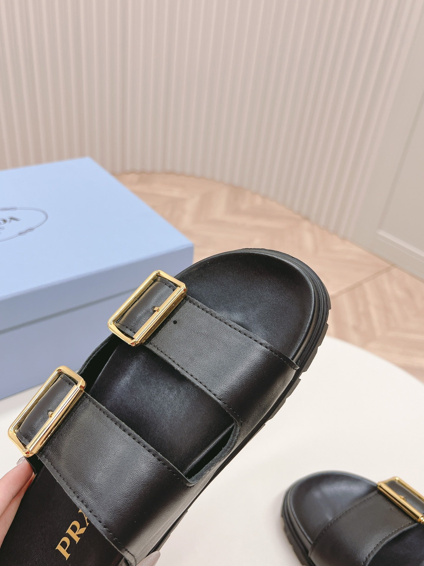 Luxury PradaDouble Buckle Strap Slides 20 Black Calfskin