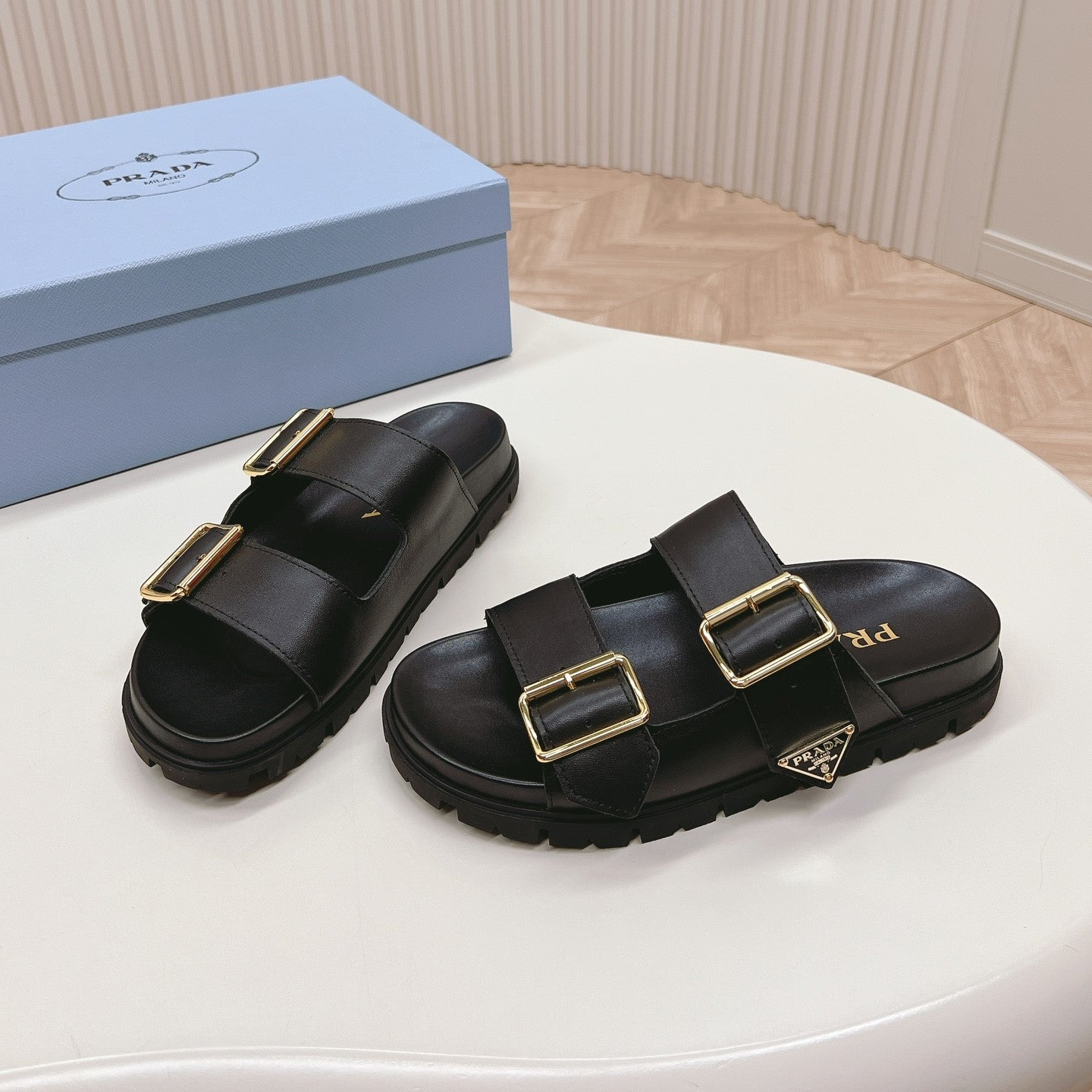 Luxury PradaDouble Buckle Strap Slides 20 Black Calfskin