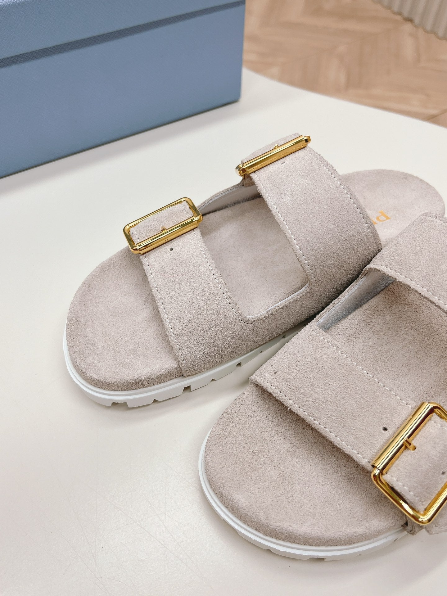 Luxury PradaDouble Buckle Strap Slides 20 Light Grey Suede
