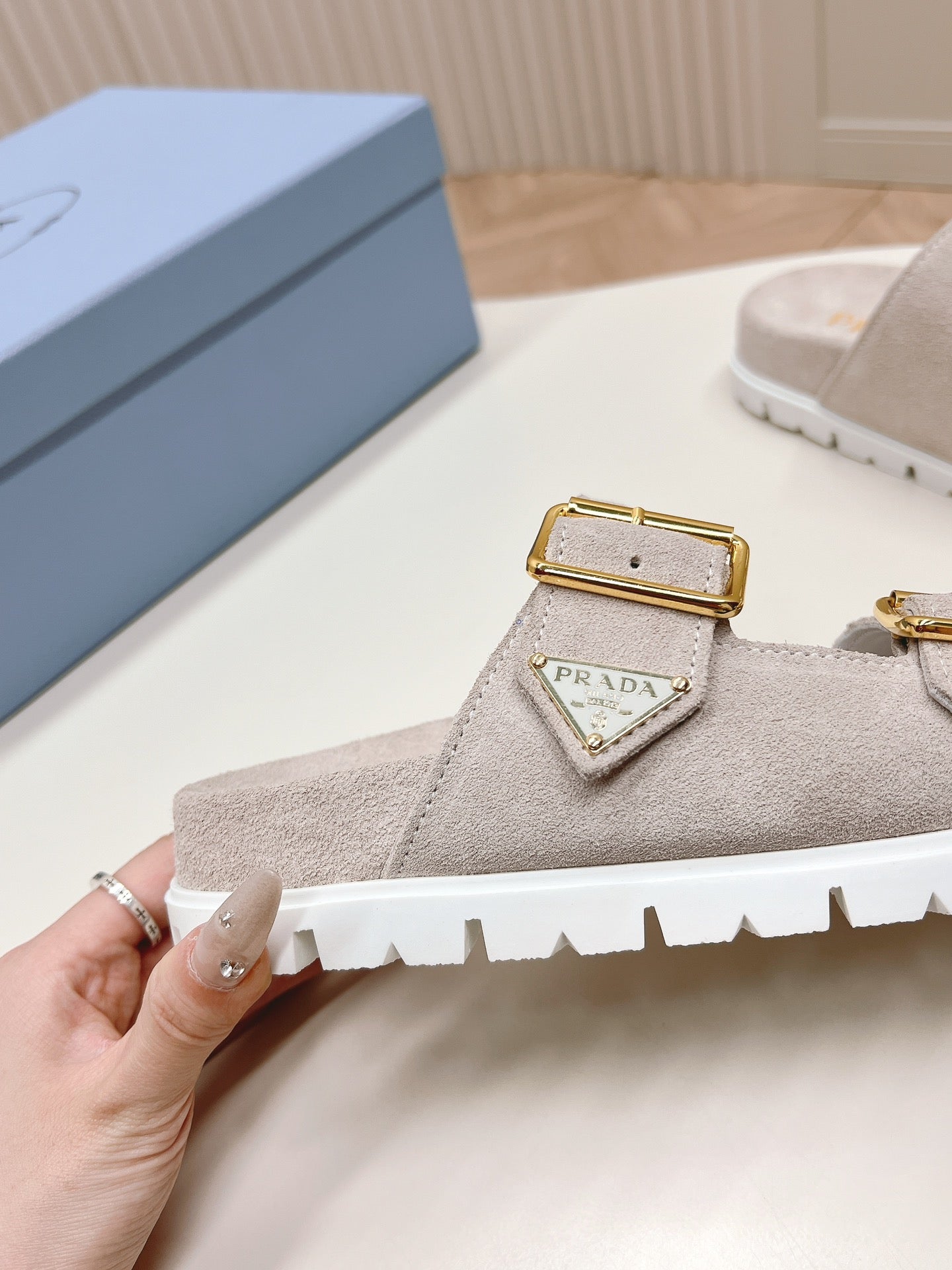 Luxury PradaDouble Buckle Strap Slides 20 Light Grey Suede