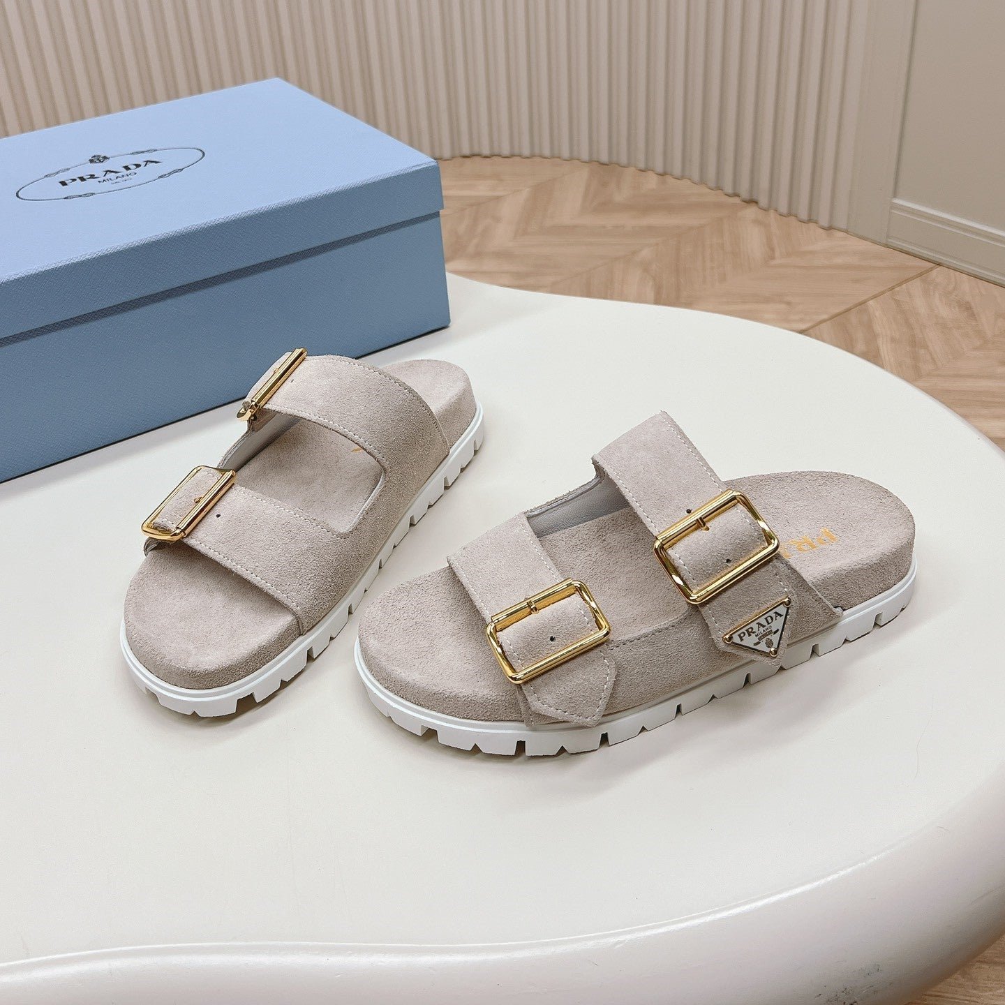Luxury PradaDouble Buckle Strap Slides 20 Light Grey Suede