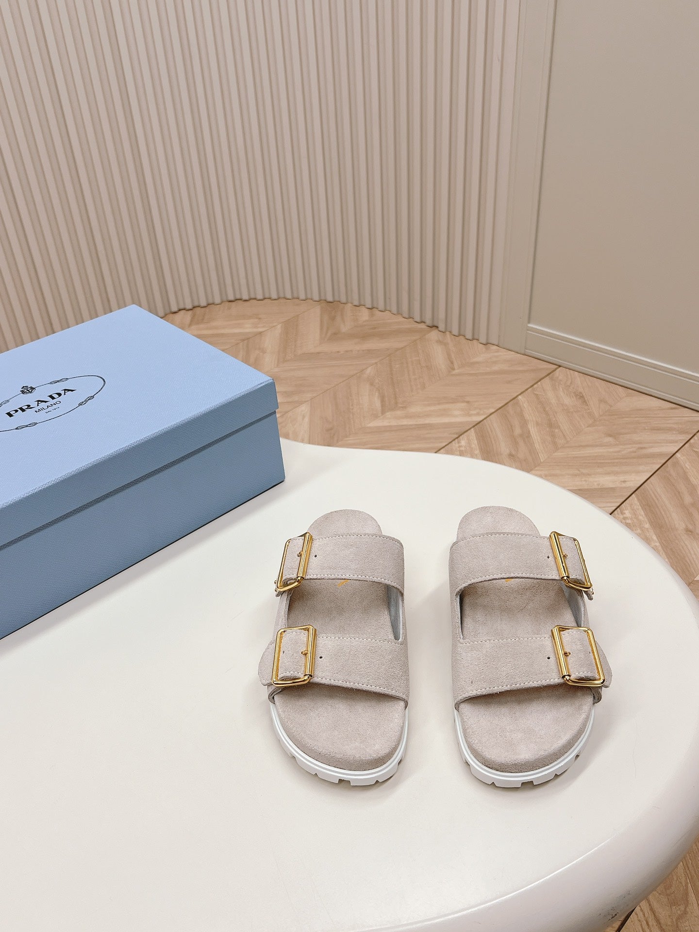 Luxury PradaDouble Buckle Strap Slides 20 Light Grey Suede