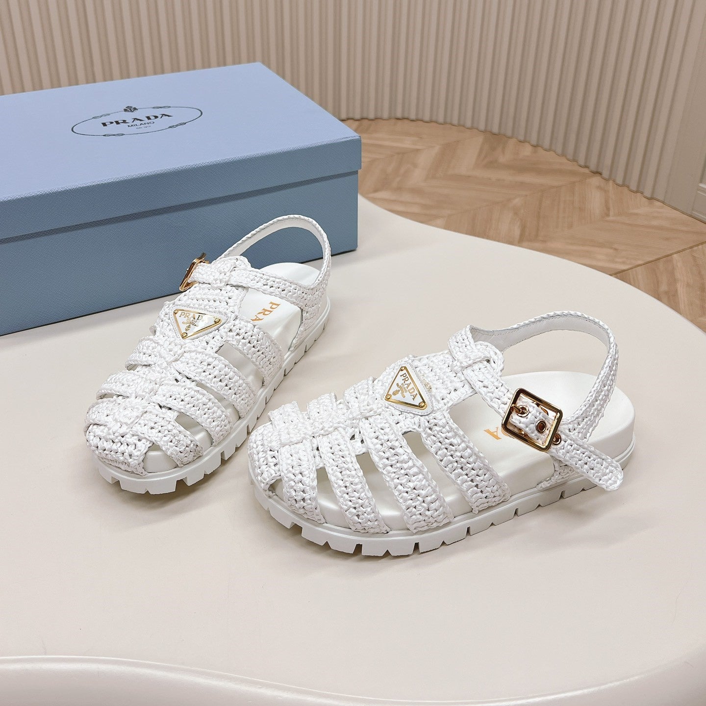 Luxury PradaMonolith Crochet Cage Sandals 30 White