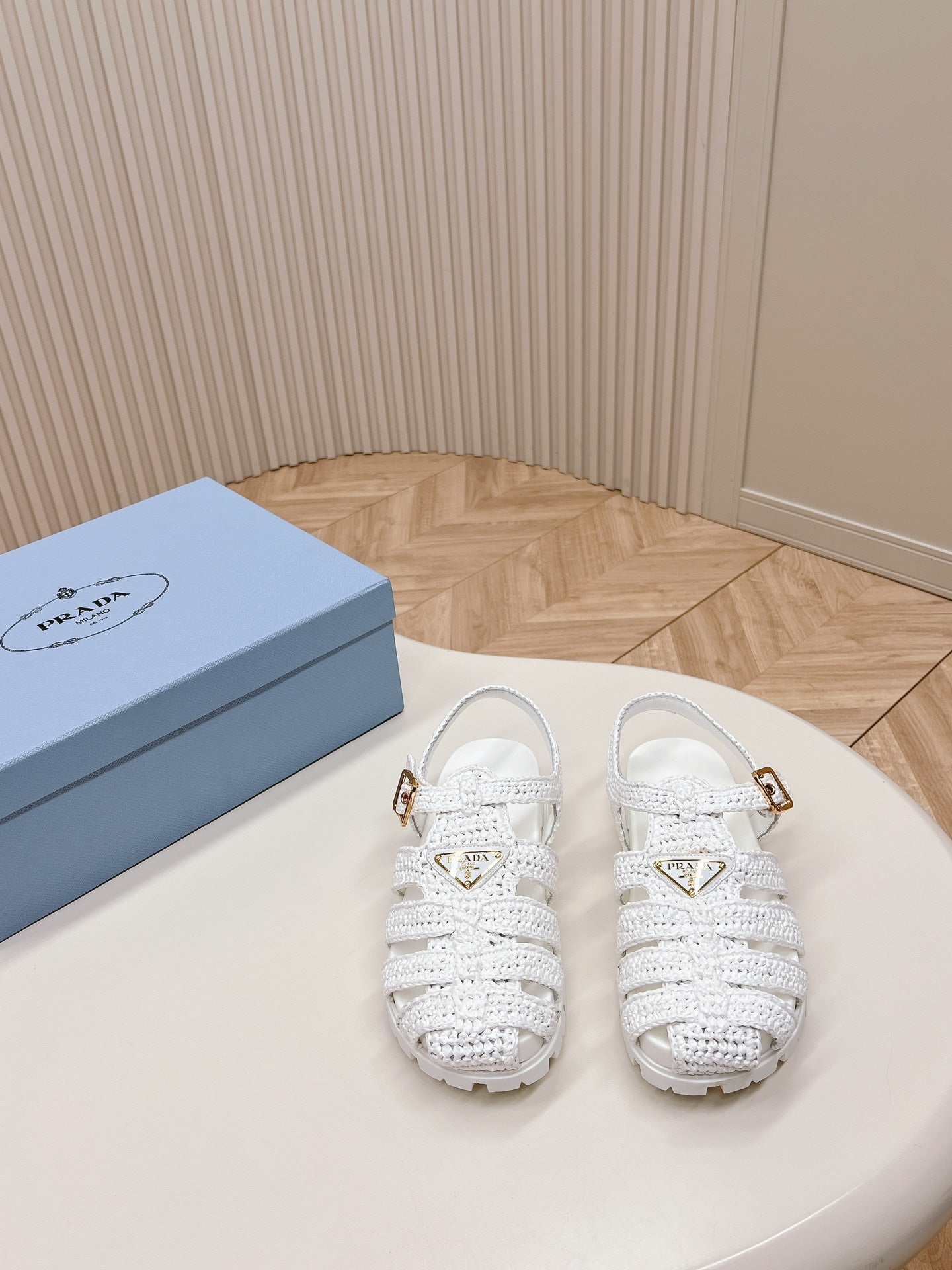 Luxury PradaMonolith Crochet Cage Sandals 30 White