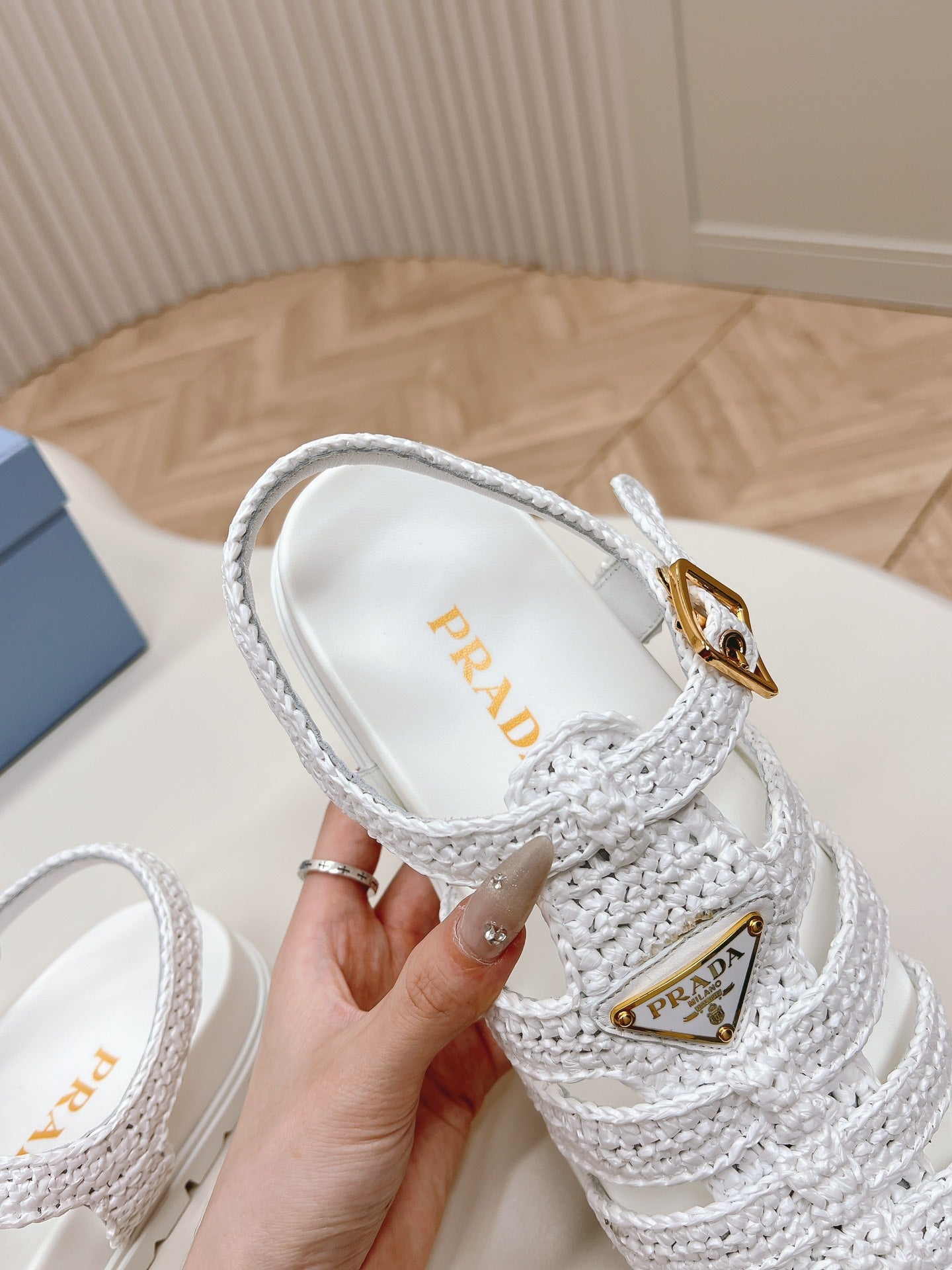 Luxury PradaMonolith Crochet Cage Sandals 30 White