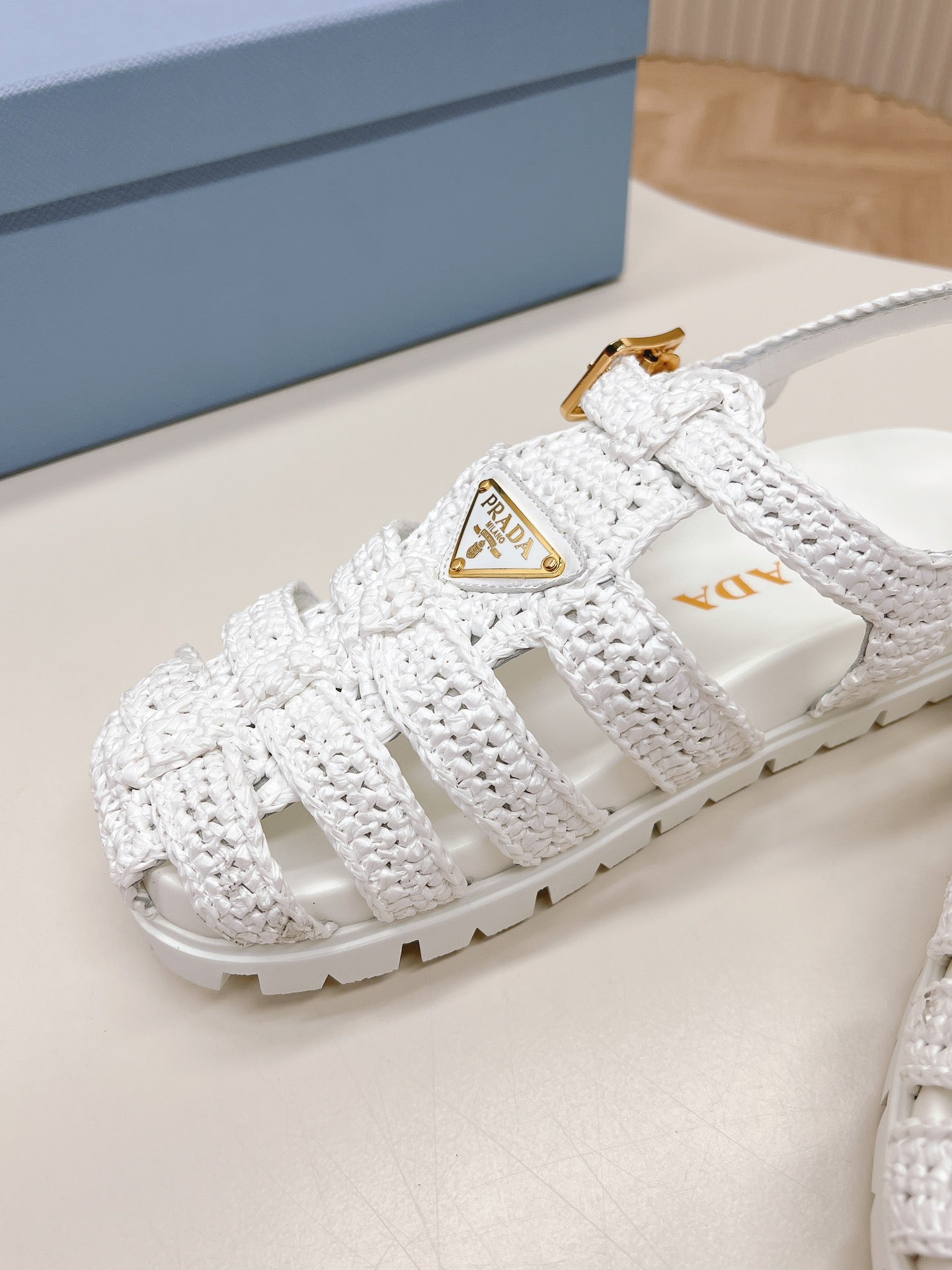 Luxury PradaMonolith Crochet Cage Sandals 30 White