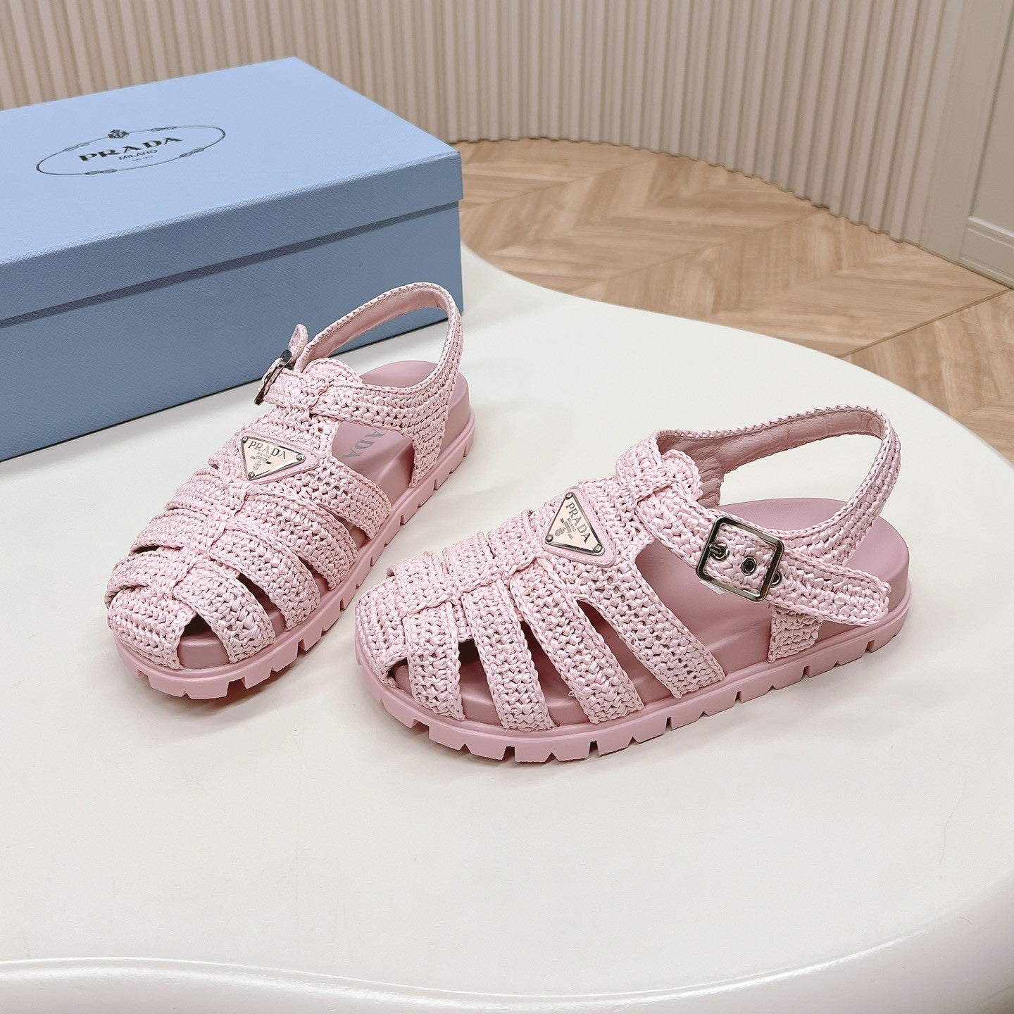 Luxury PradaMonolith Crochet Cage Sandals 30 Pink