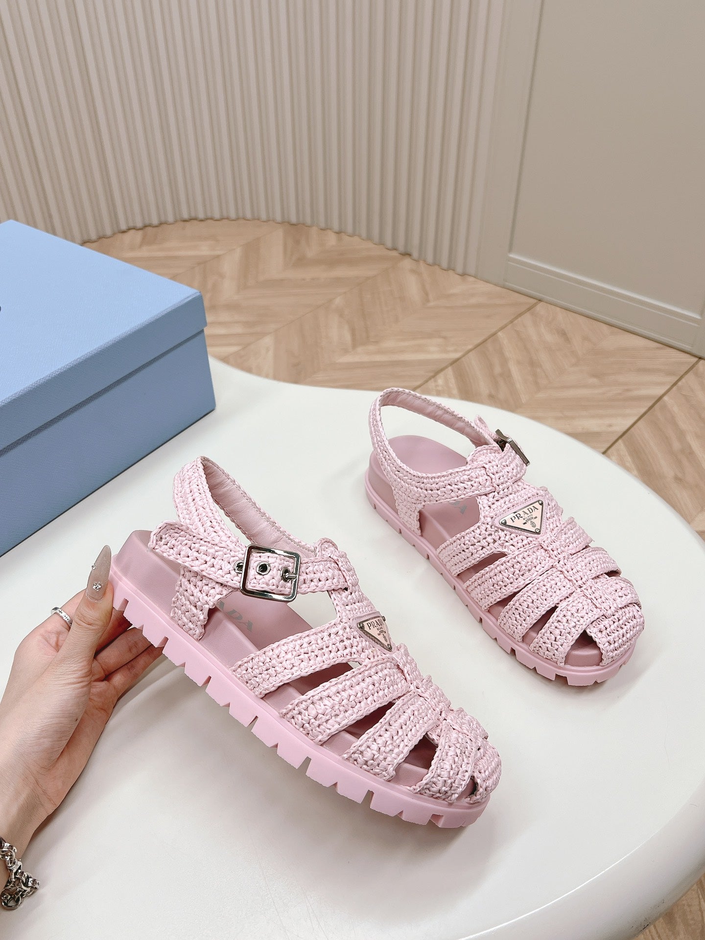 Luxury PradaMonolith Crochet Cage Sandals 30 Pink