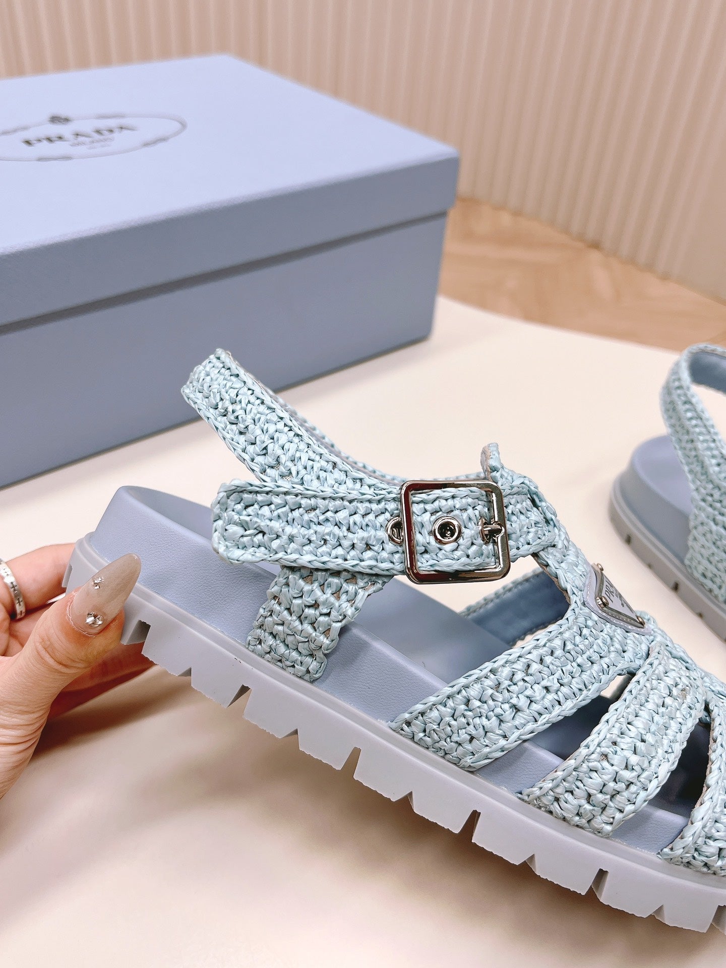 Luxury PradaMonolith Crochet Cage Sandals 30 Baby Blue