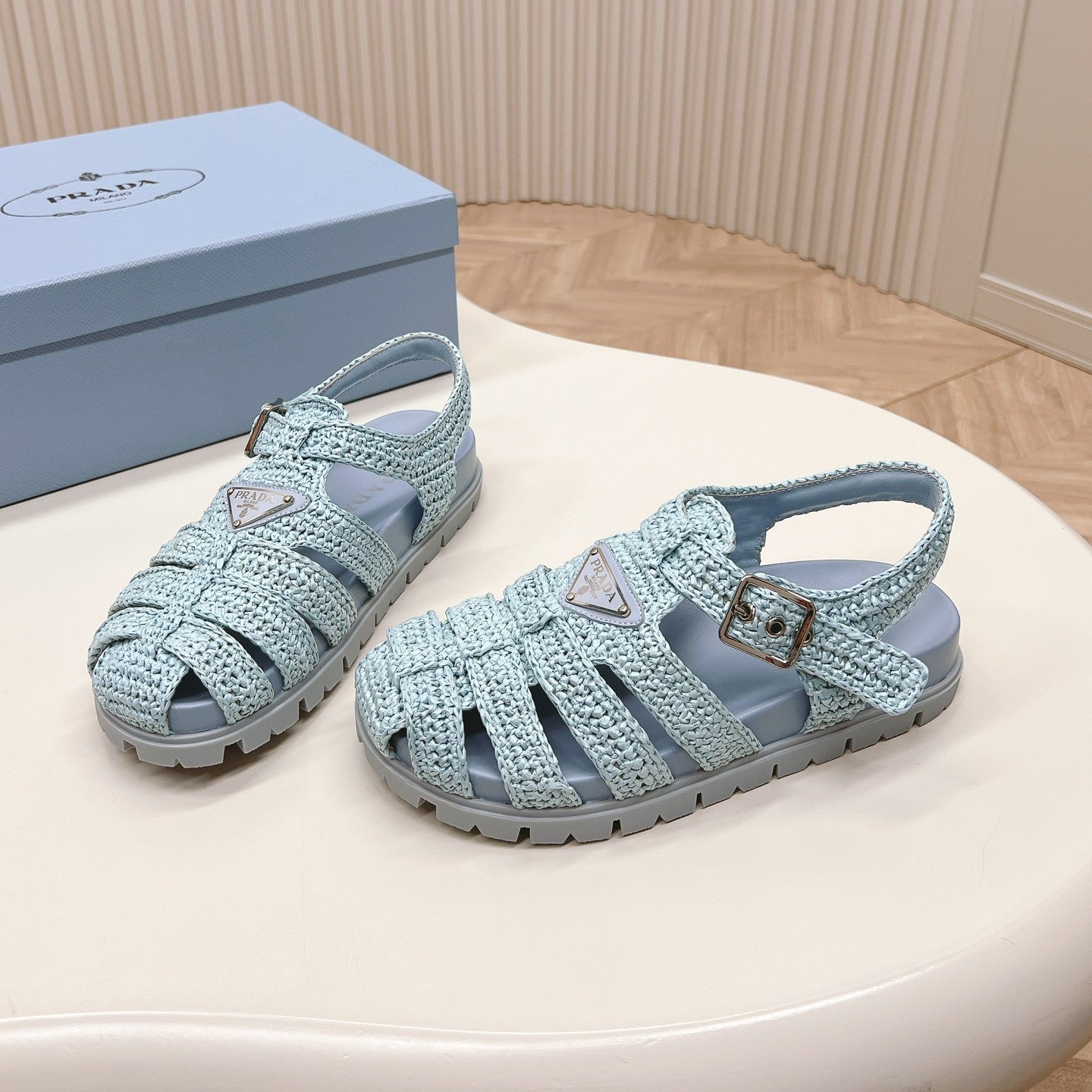 Luxury PradaMonolith Crochet Cage Sandals 30 Baby Blue