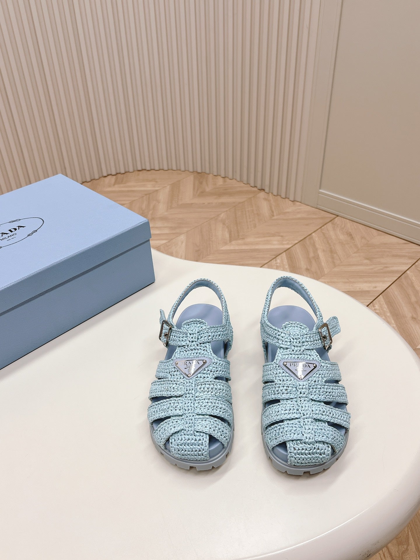 Luxury PradaMonolith Crochet Cage Sandals 30 Baby Blue