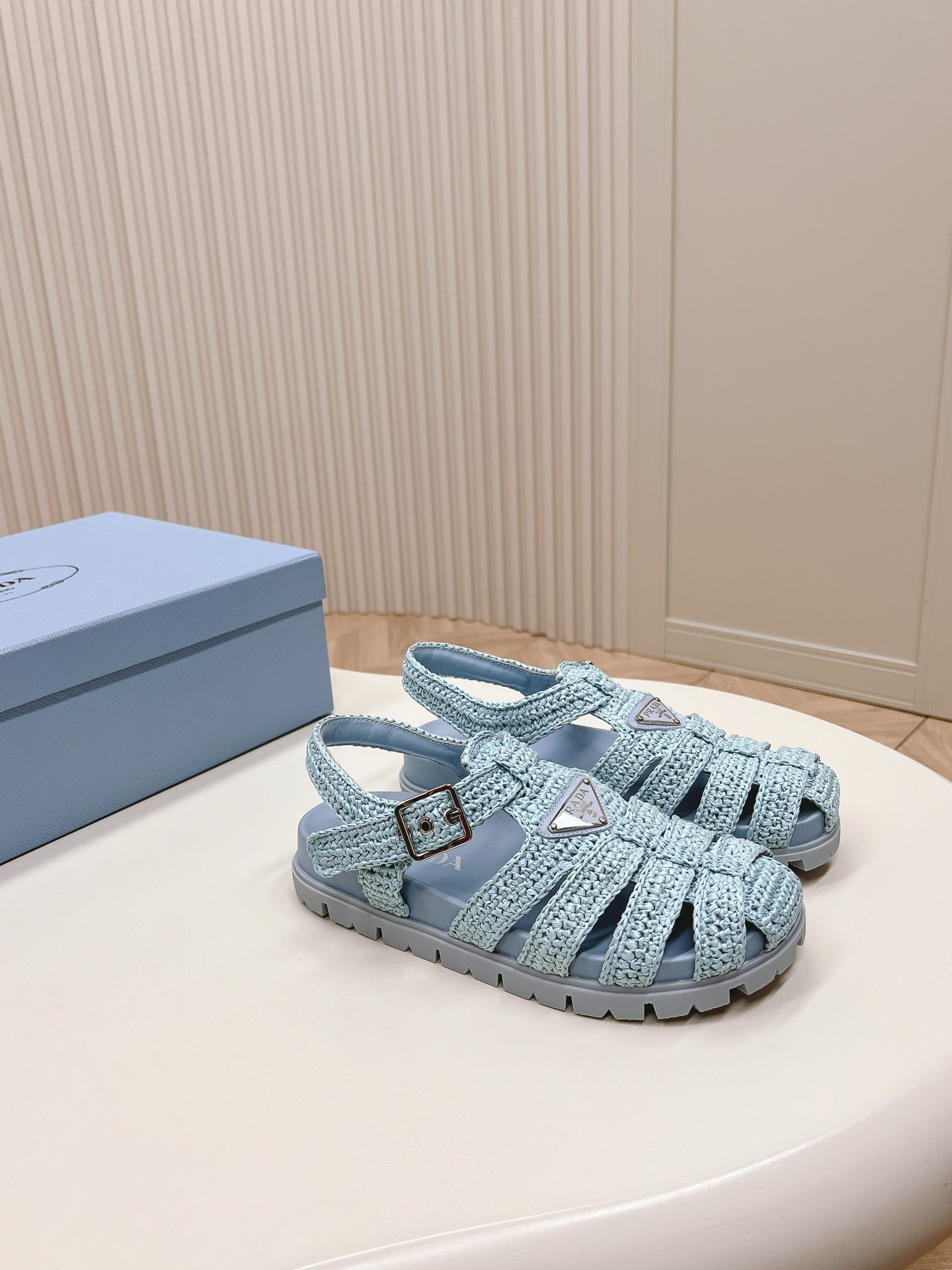 Luxury PradaMonolith Crochet Cage Sandals 30 Baby Blue