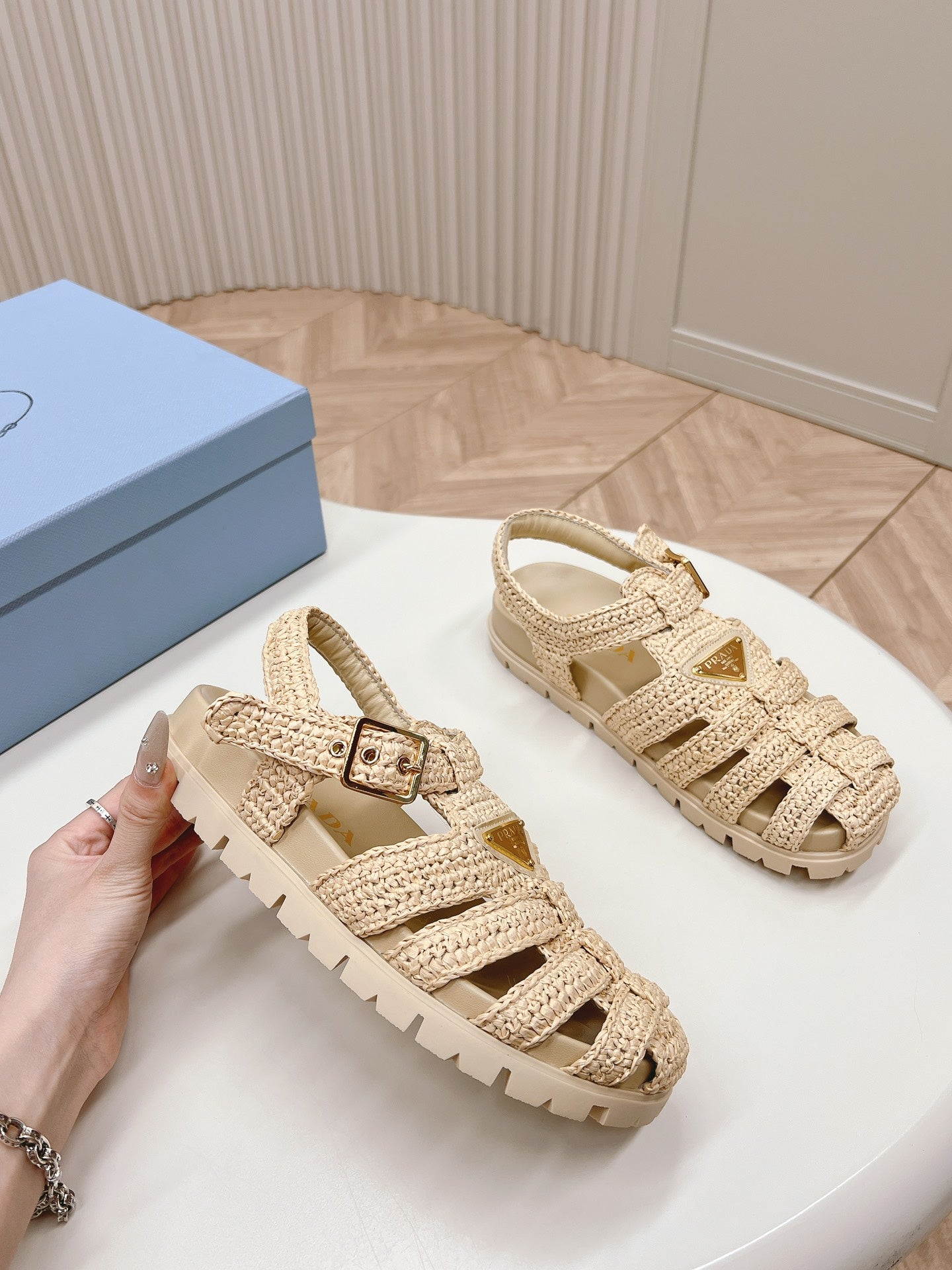 Luxury PradaMonolith Crochet Cage Sandals 30 Beige
