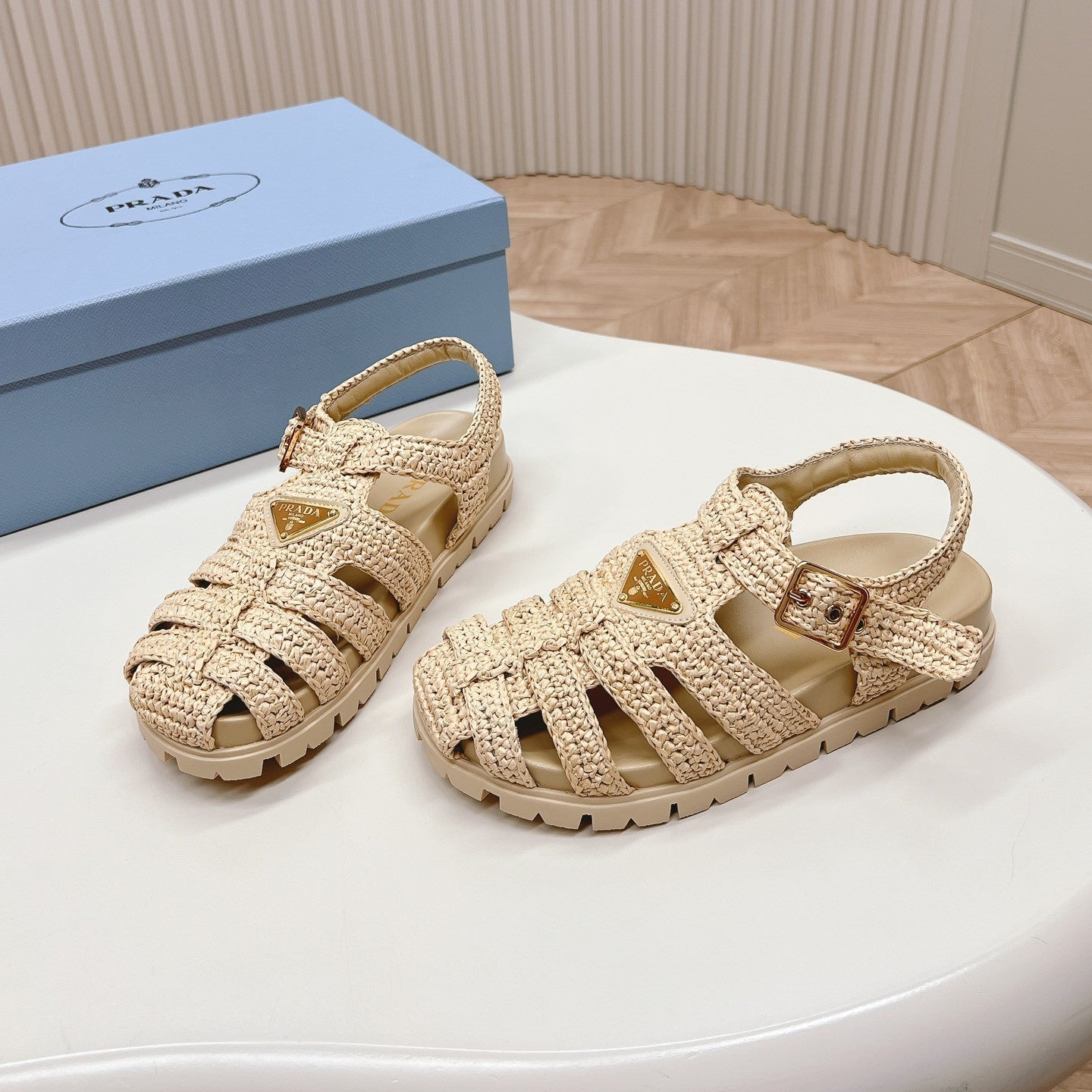 Luxury PradaMonolith Crochet Cage Sandals 30 Beige