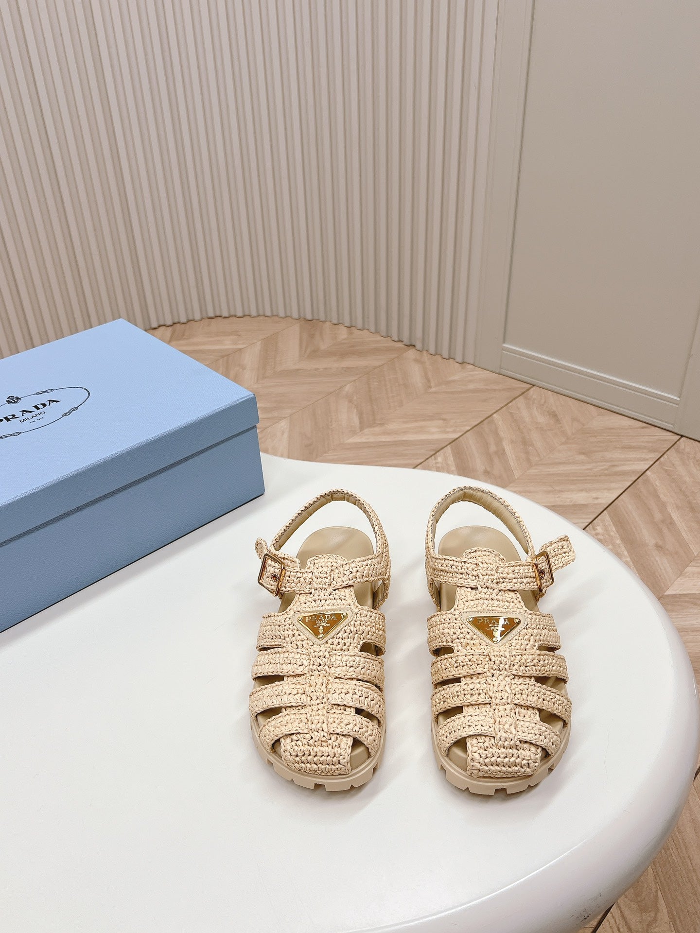 Luxury PradaMonolith Crochet Cage Sandals 30 Beige
