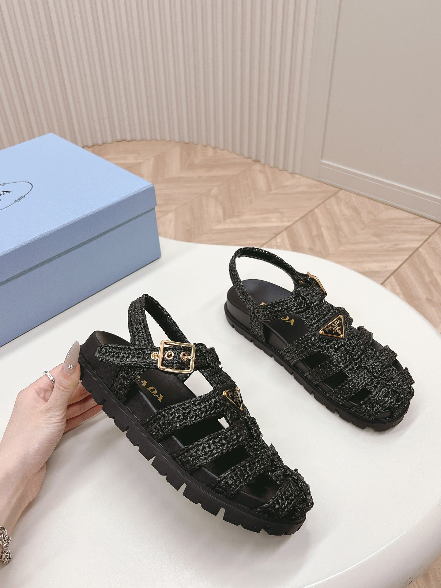 Luxury PradaMonolith Crochet Cage Sandals 30 Black