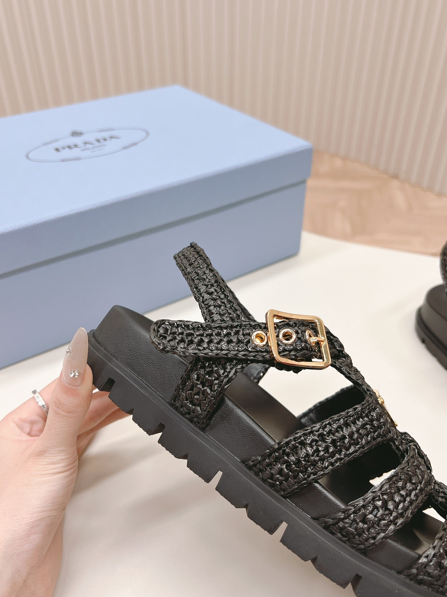 Luxury PradaMonolith Crochet Cage Sandals 30 Black