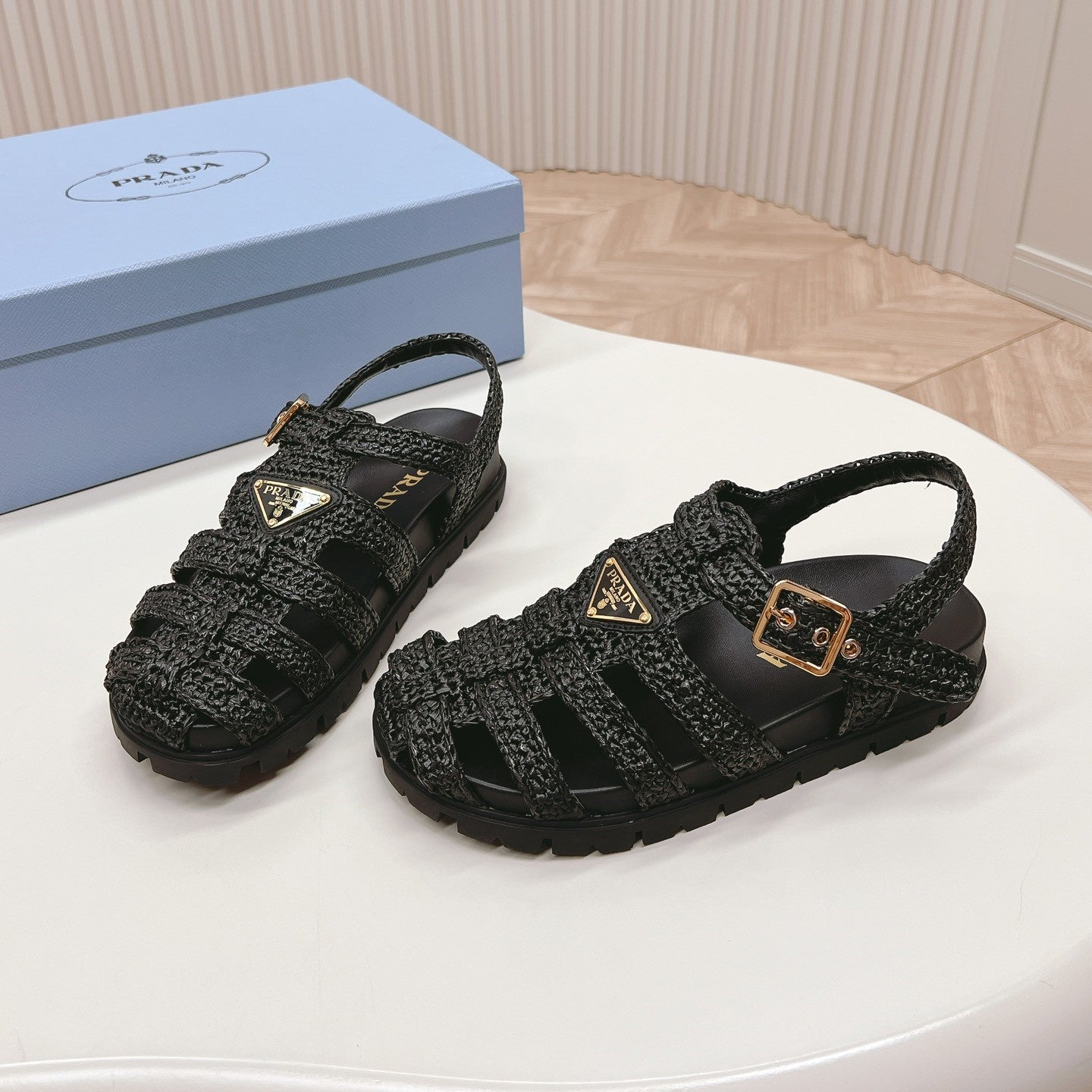 Luxury PradaMonolith Crochet Cage Sandals 30 Black