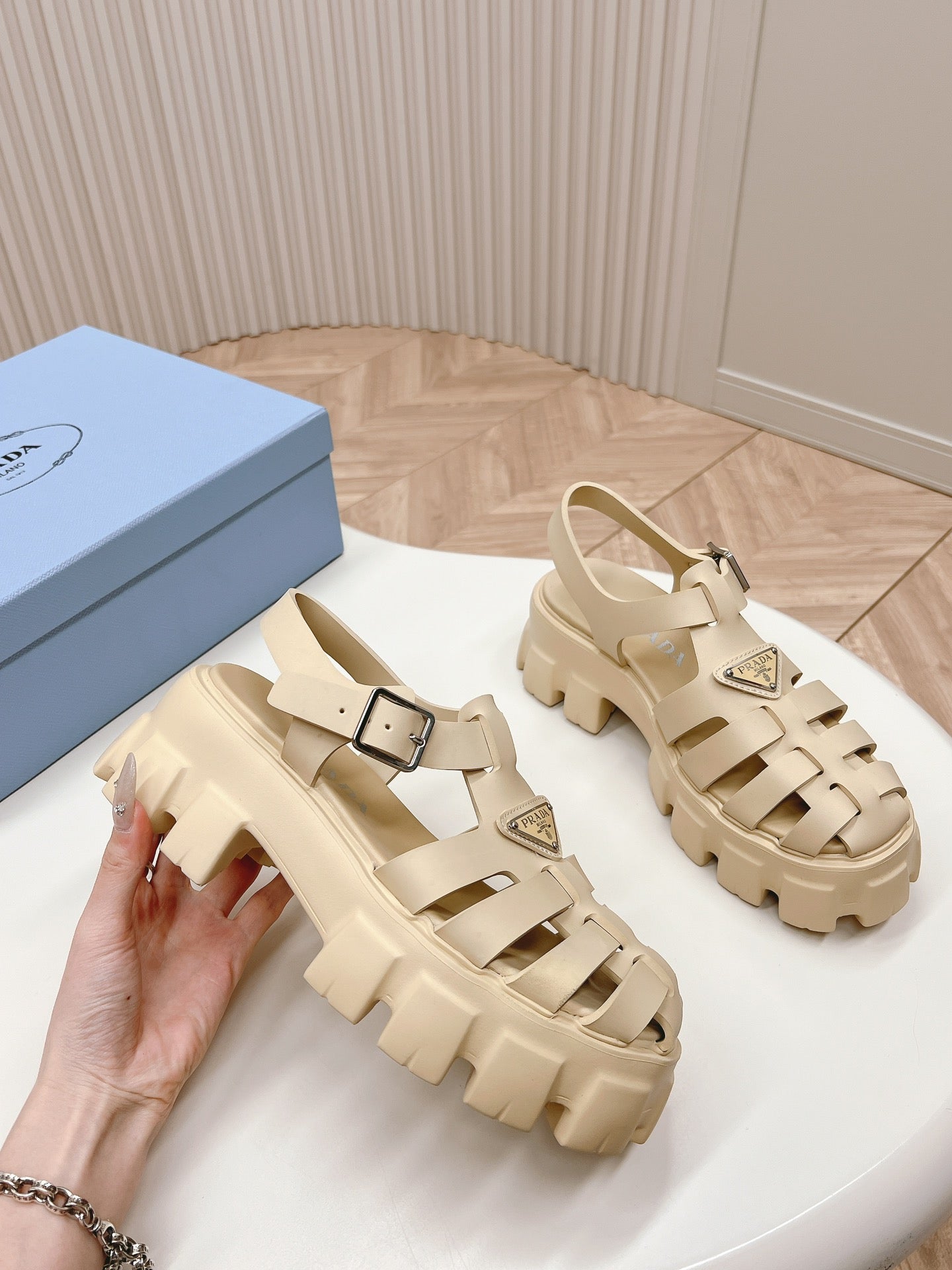 Luxury PradaRubber Monolith Sandals 55 Beige