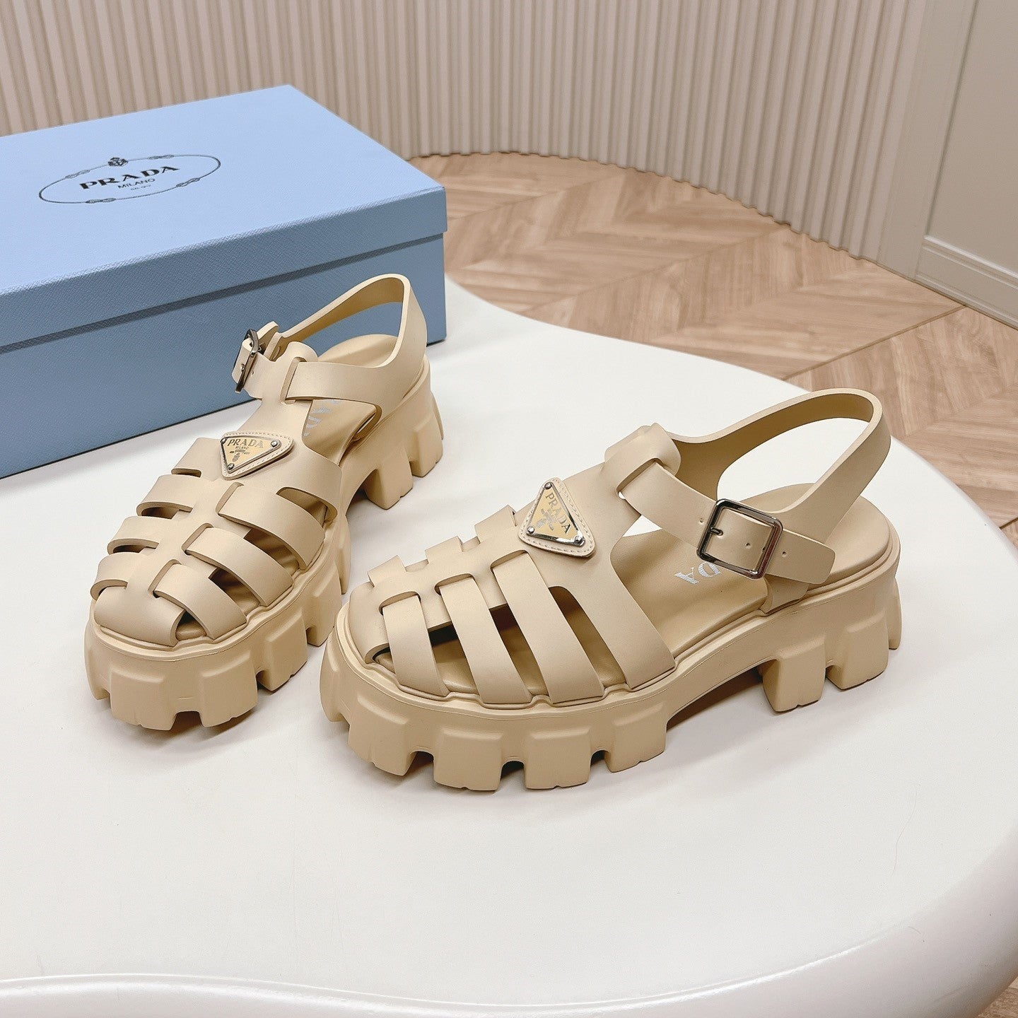 Luxury PradaRubber Monolith Sandals 55 Beige
