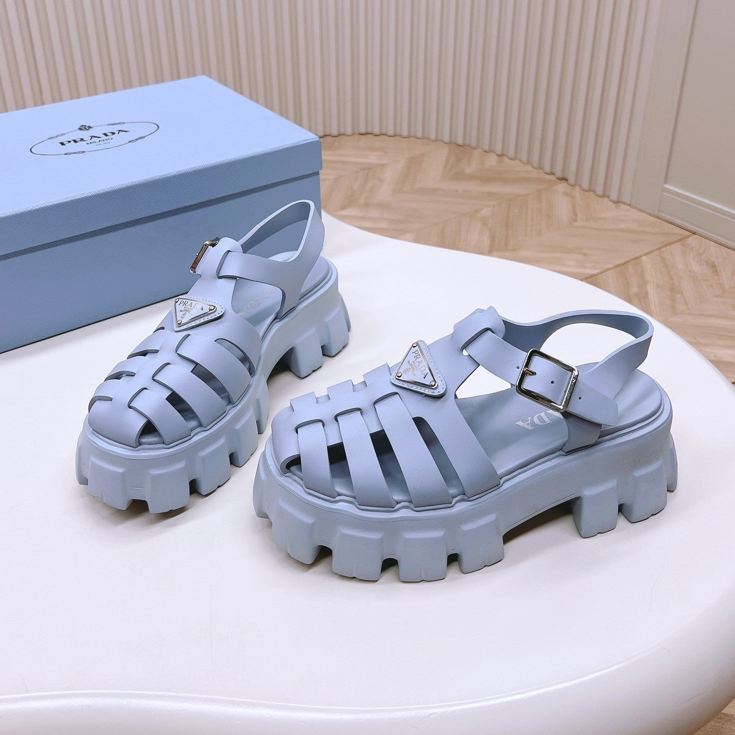 Luxury PradaRubber Monolith Sandals 55 Baby Blue