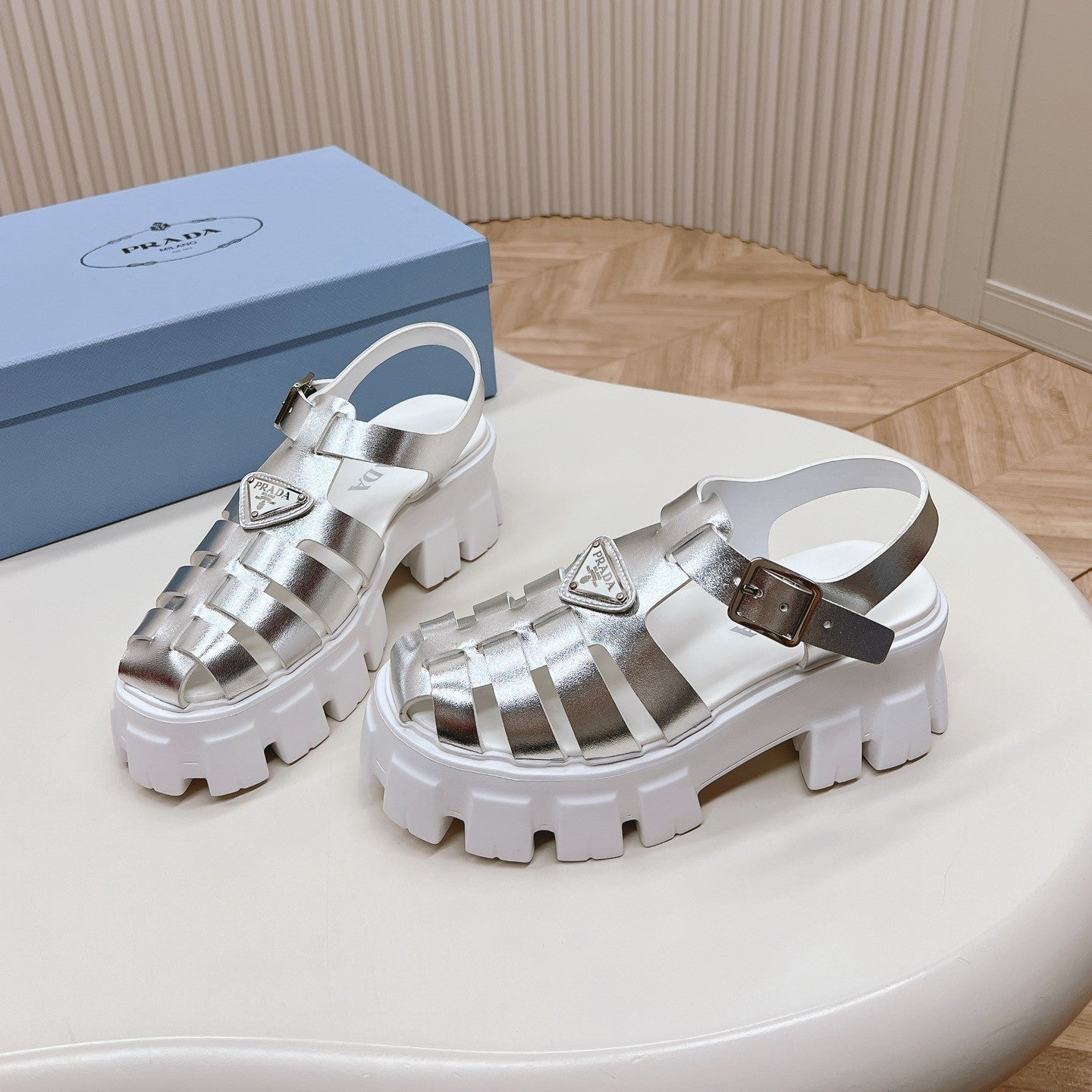 Luxury PradaRubber Monolith Sandals 55 Silver White