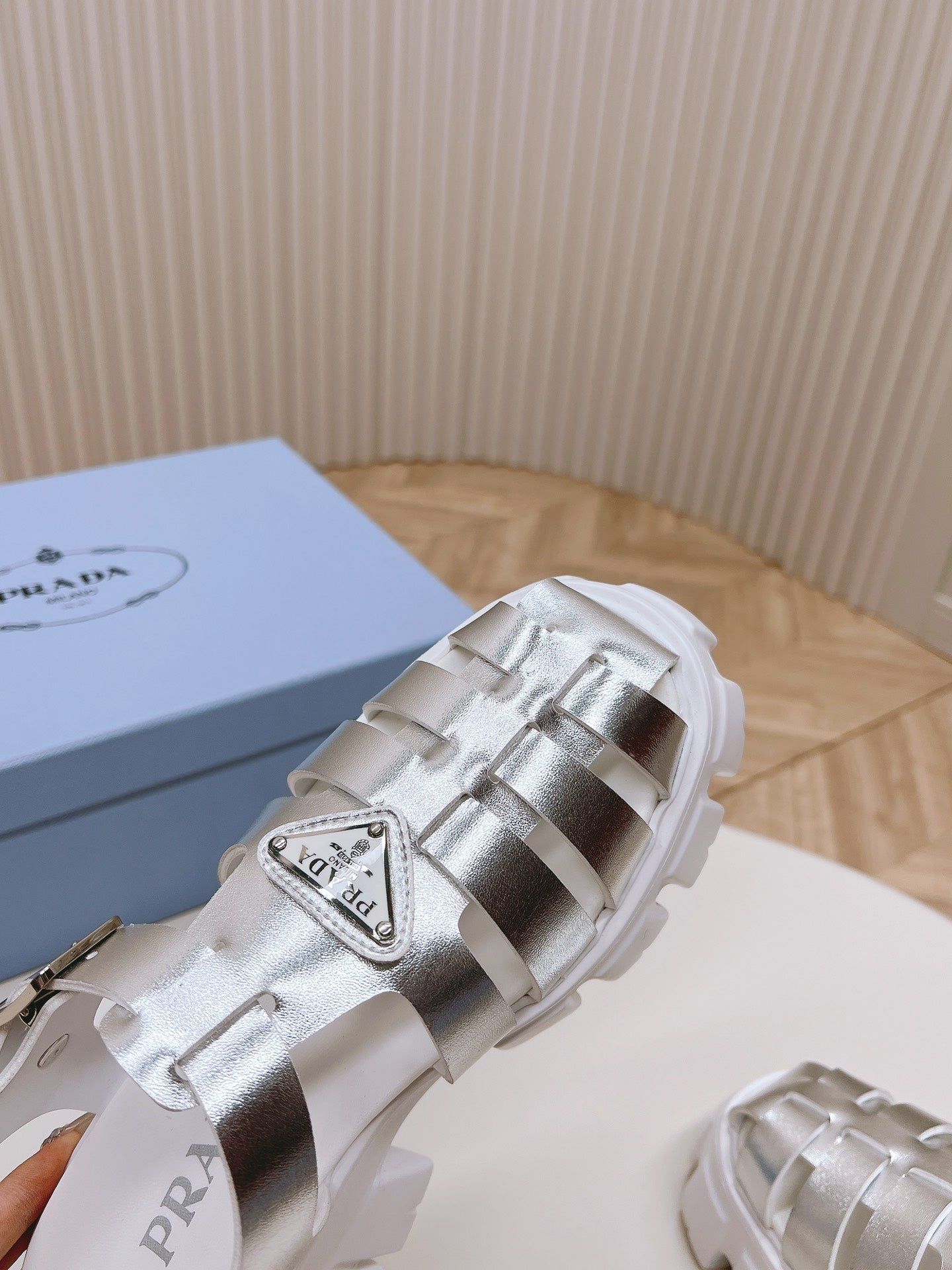 Luxury PradaRubber Monolith Sandals 55 Silver White