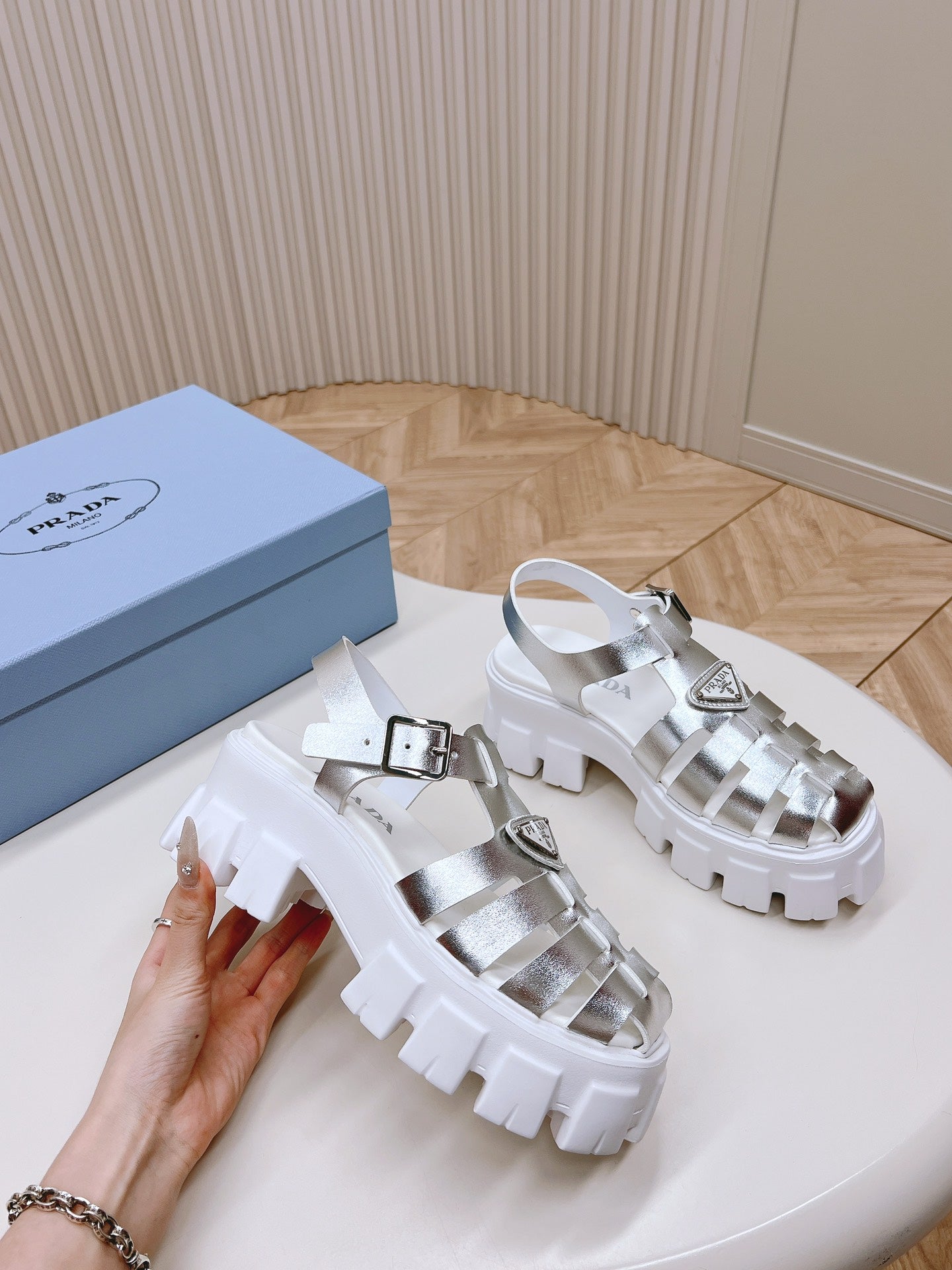 Luxury PradaRubber Monolith Sandals 55 Silver White
