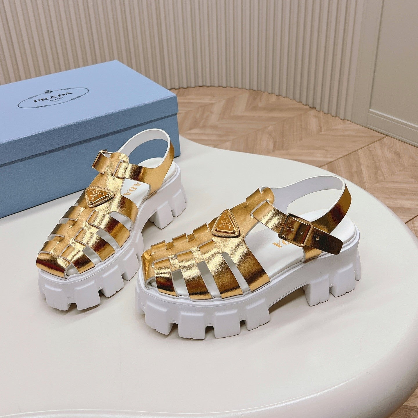 Luxury PradaRubber Monolith Sandals 55 Gold White