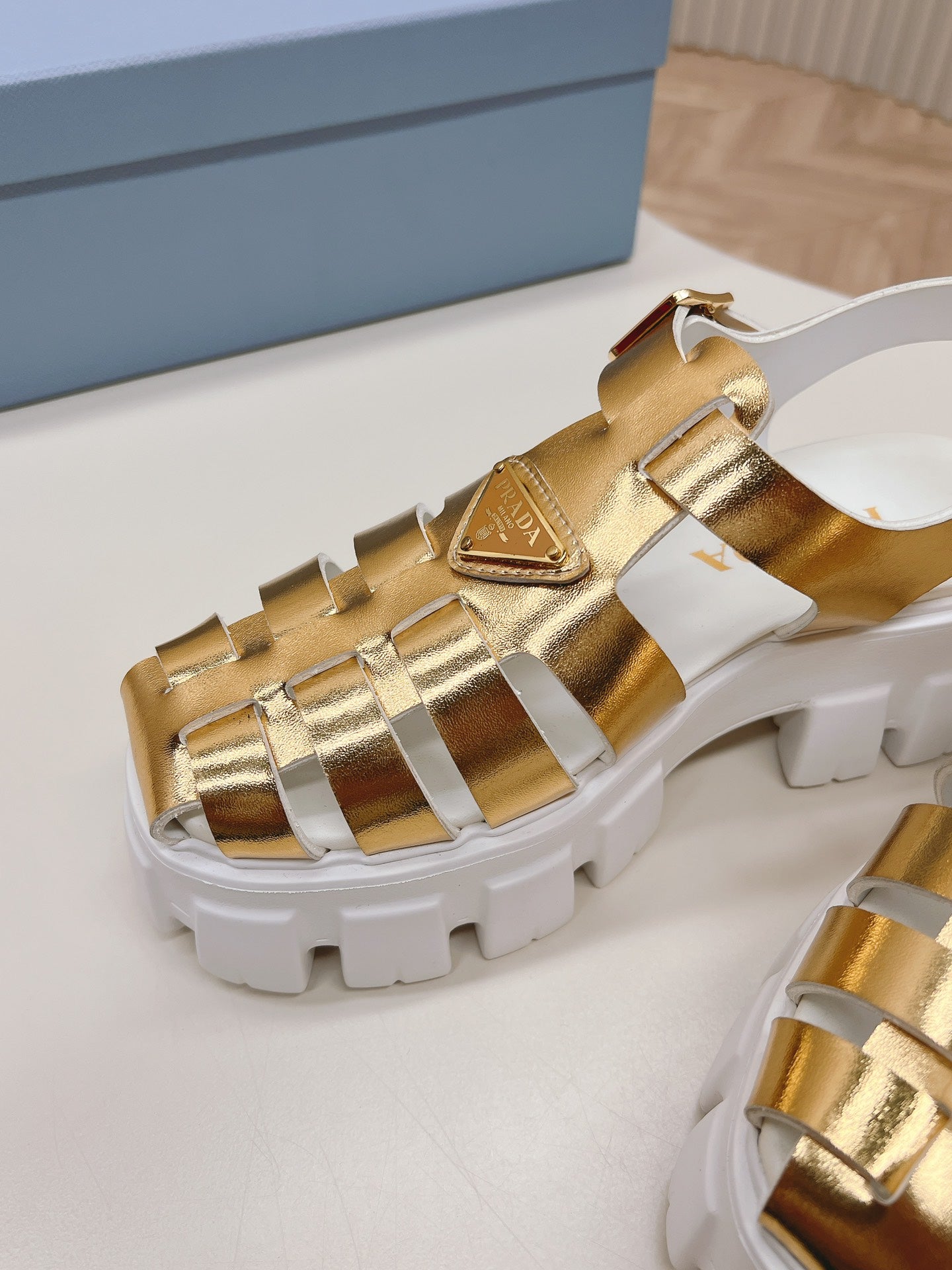 Luxury PradaRubber Monolith Sandals 55 Gold White