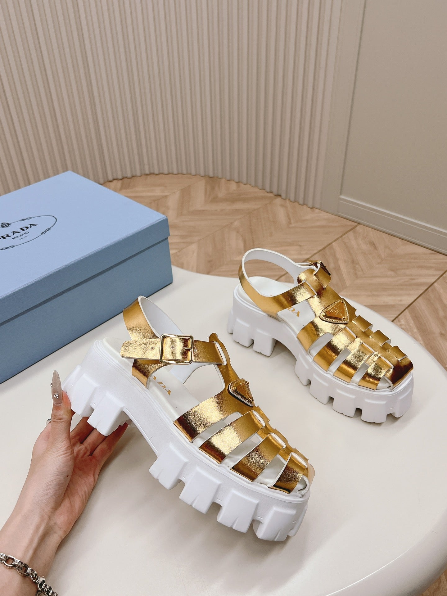 Luxury PradaRubber Monolith Sandals 55 Gold White