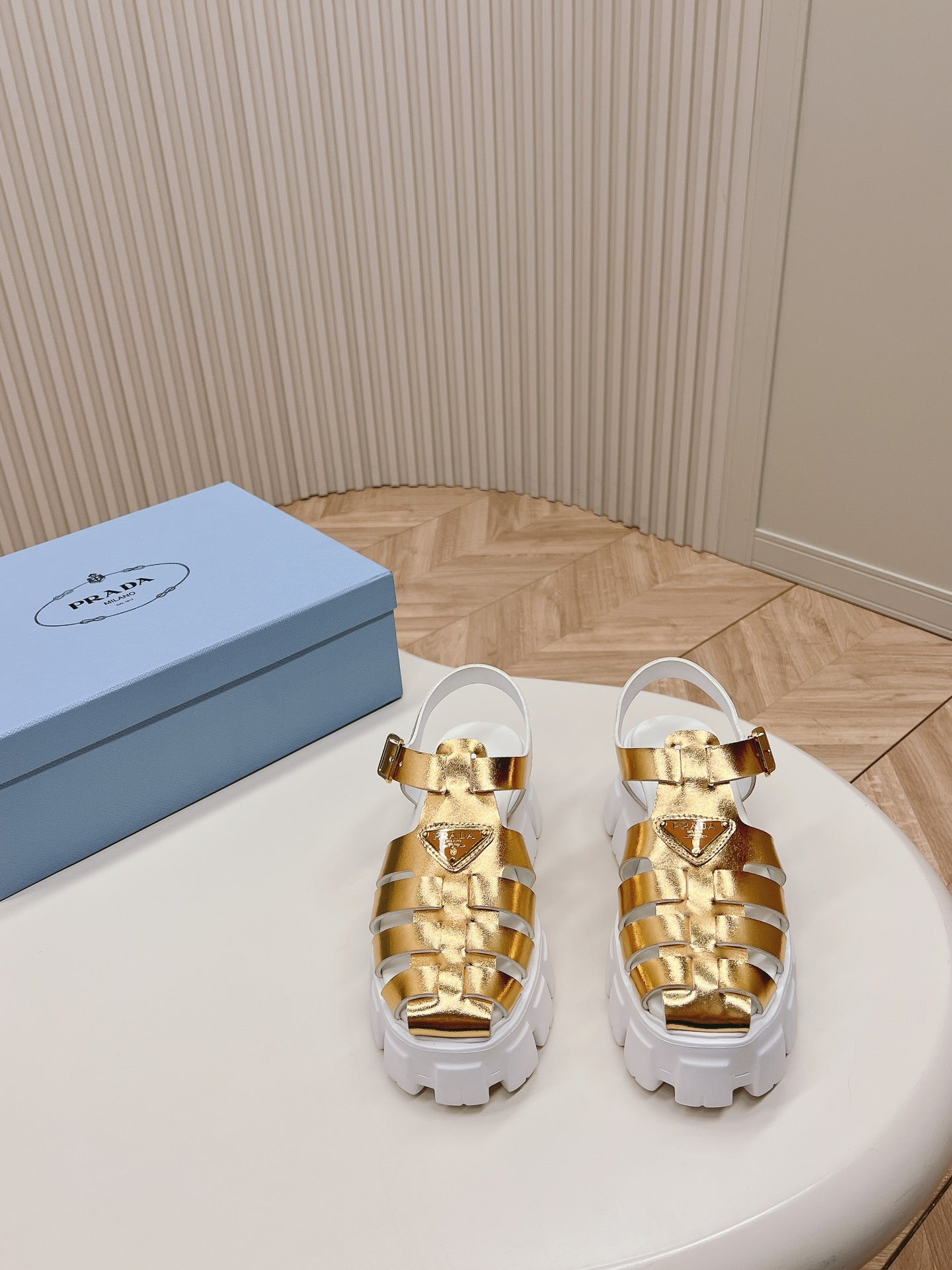 Luxury PradaRubber Monolith Sandals 55 Gold White