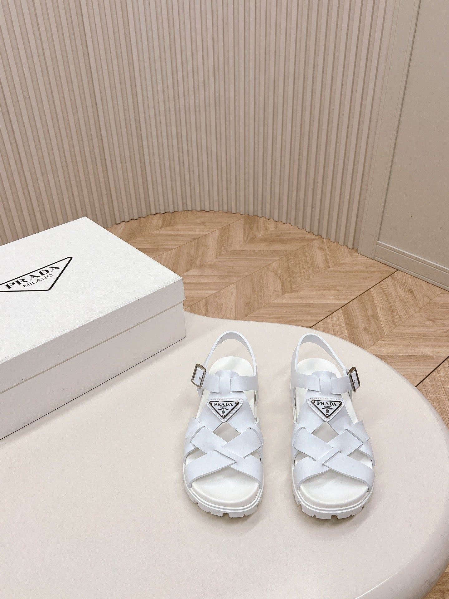Luxury PradaInterwoven Straps Sandals 30 White