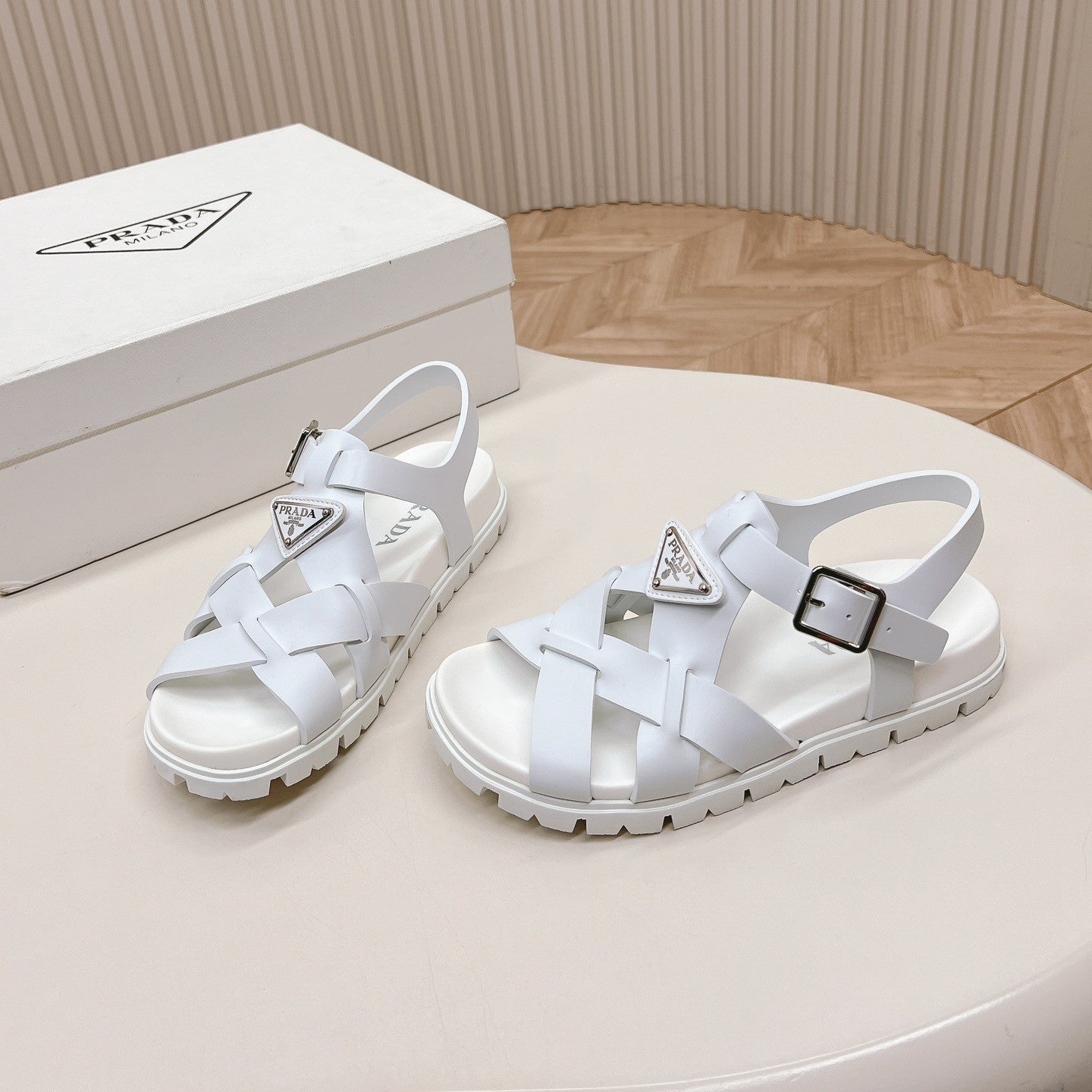 Luxury PradaInterwoven Straps Sandals 30 White
