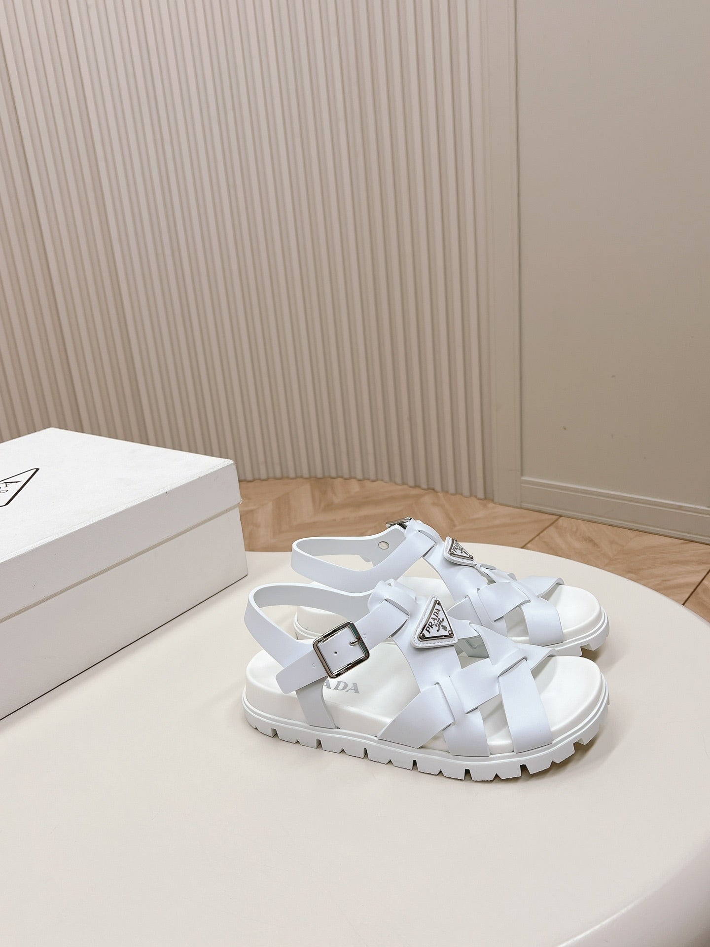 Luxury PradaInterwoven Straps Sandals 30 White