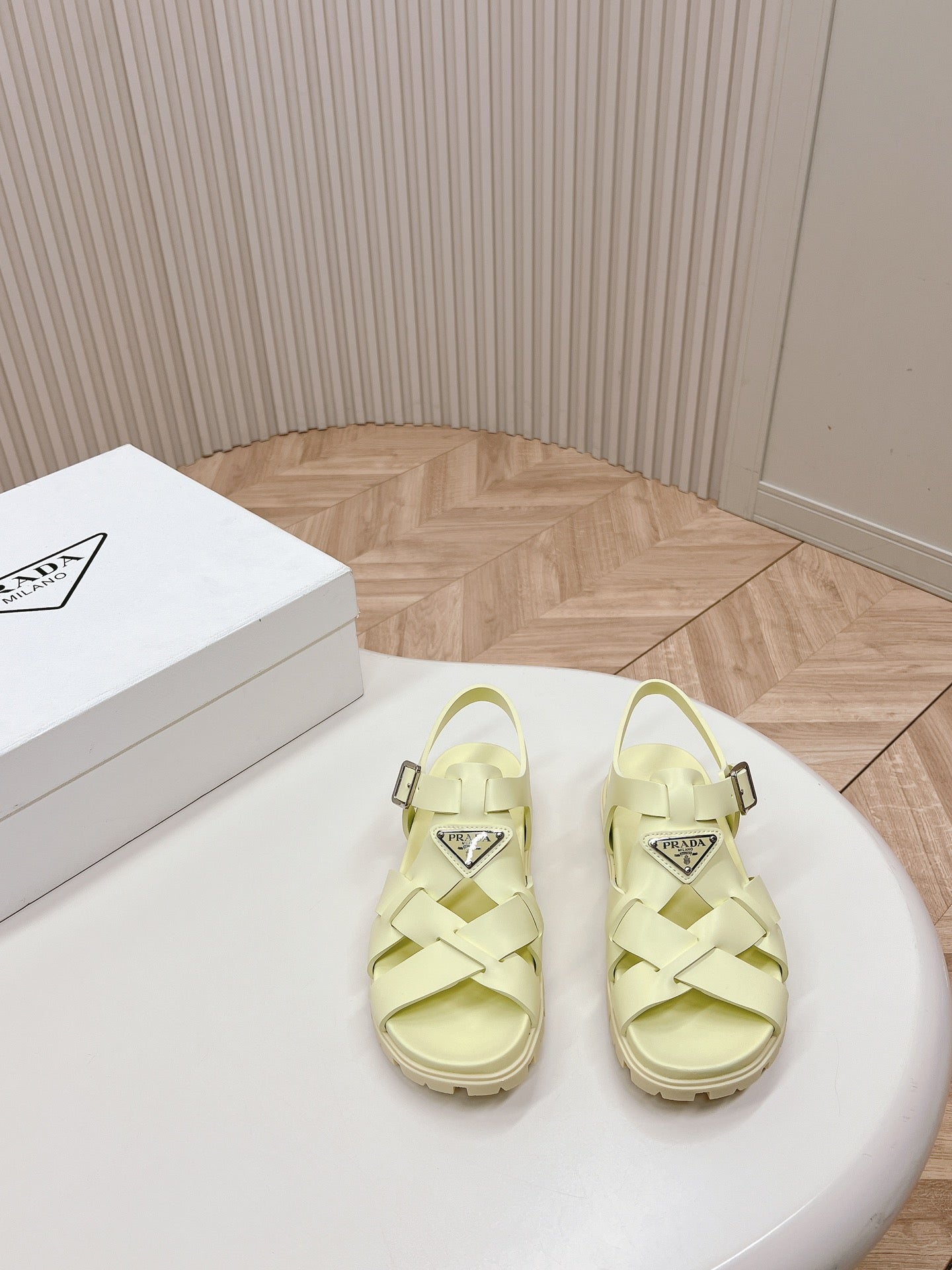 Luxury PradaInterwoven Straps Sandals 30 Vanilla