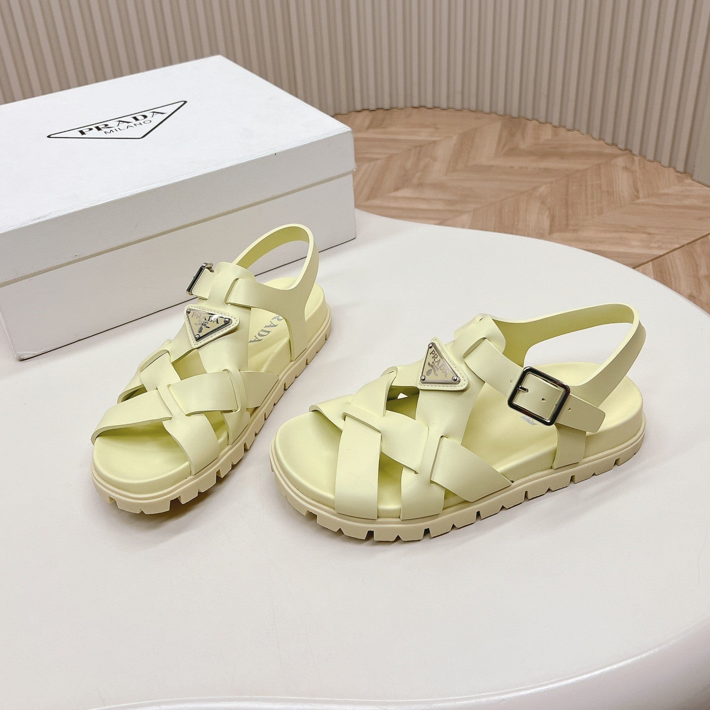 Luxury PradaInterwoven Straps Sandals 30 Vanilla