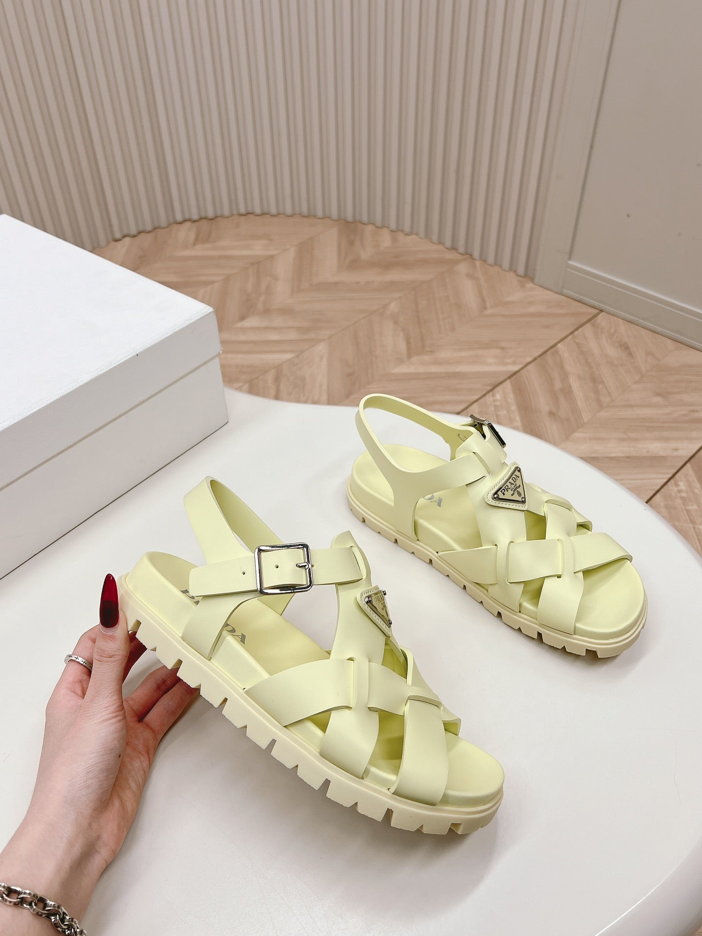Luxury PradaInterwoven Straps Sandals 30 Vanilla