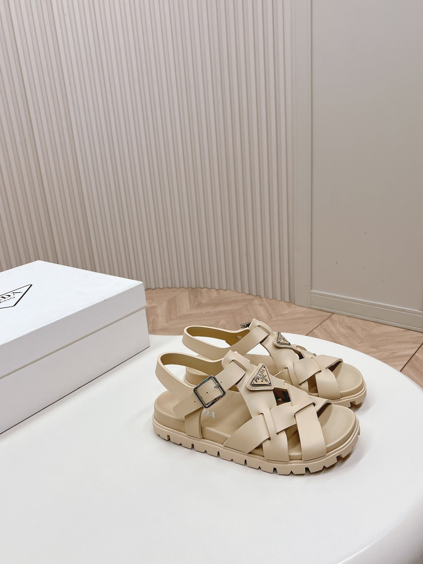 Luxury PradaInterwoven Straps Sandals 30 Beige