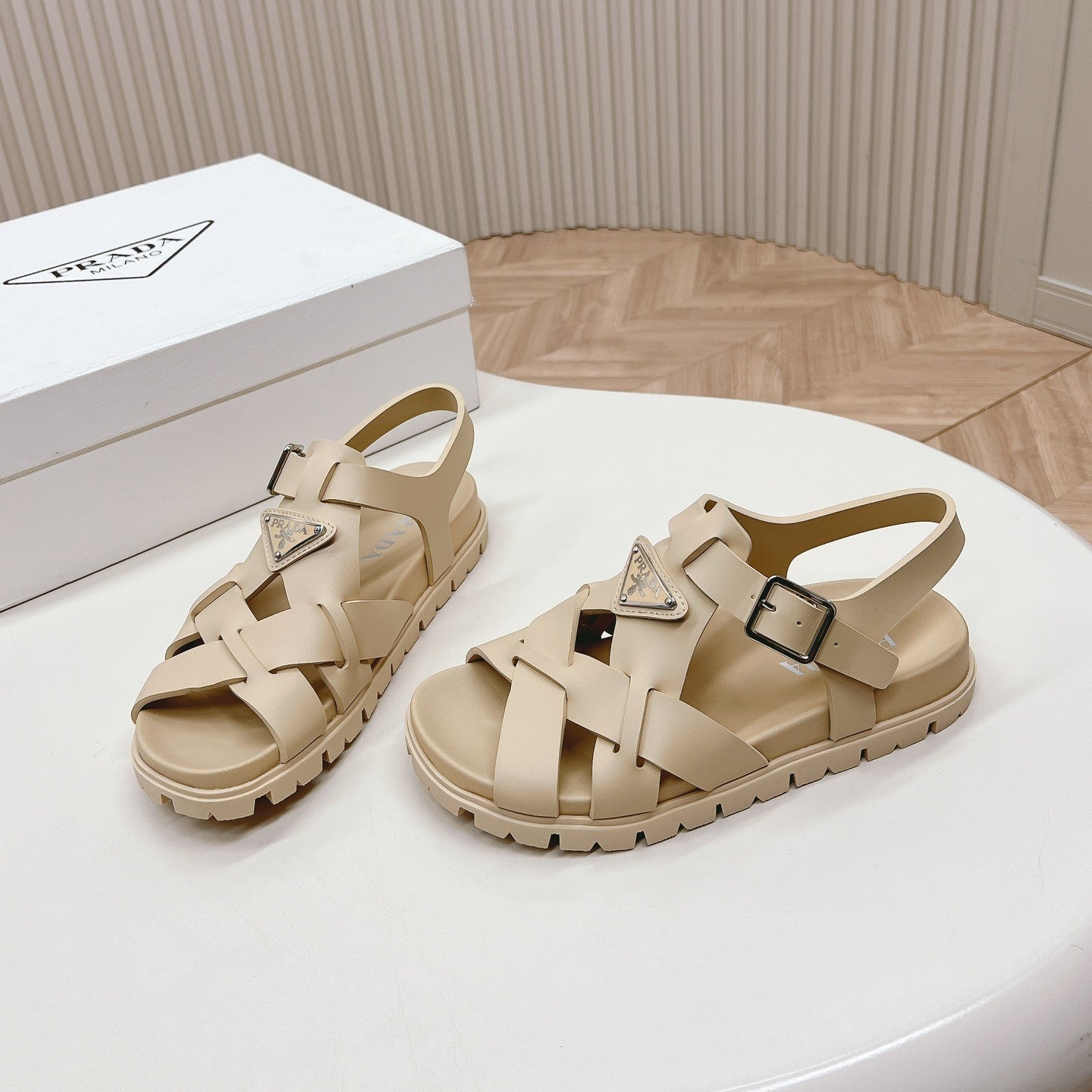 Luxury PradaInterwoven Straps Sandals 30 Beige