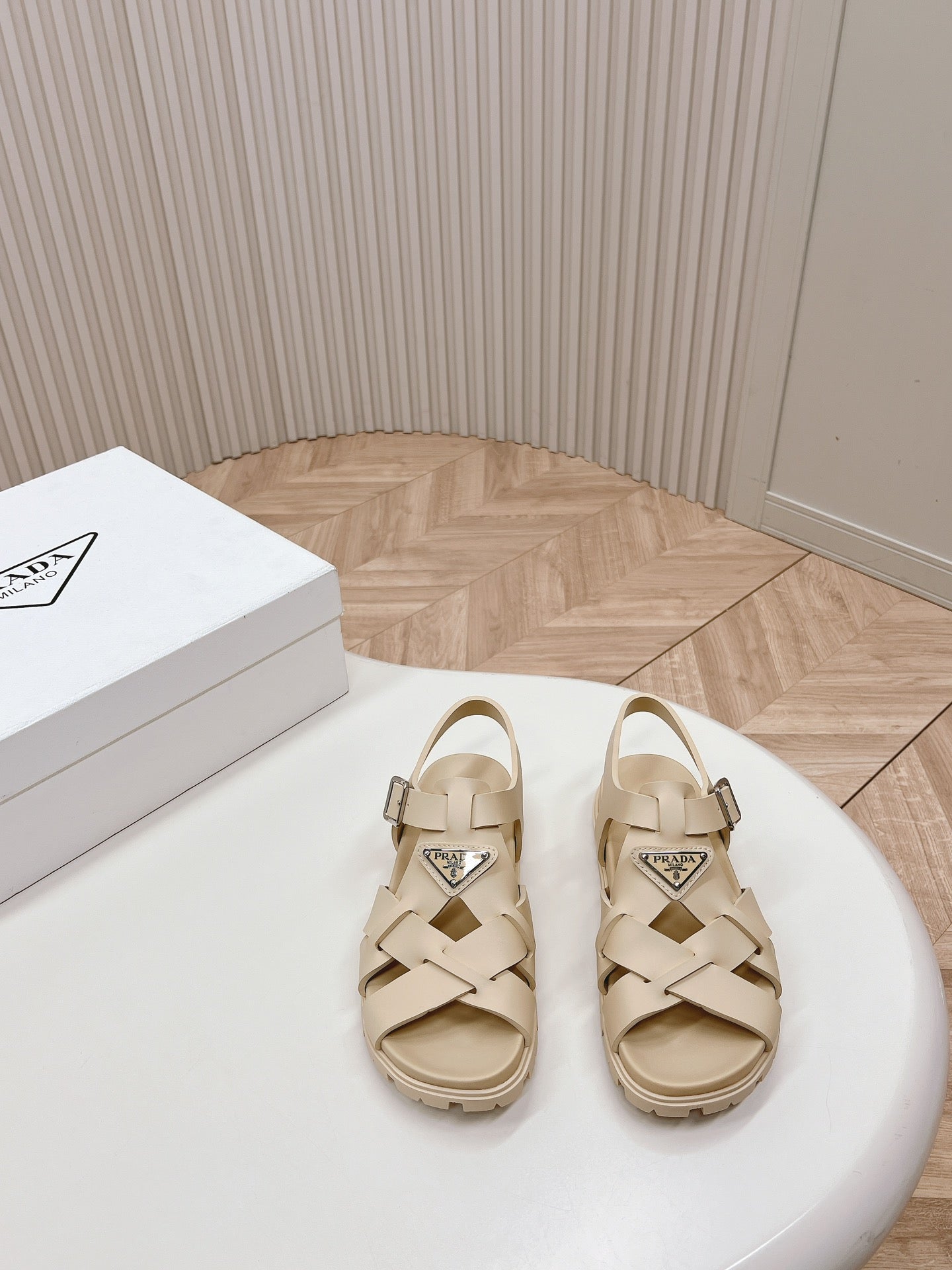 Luxury PradaInterwoven Straps Sandals 30 Beige