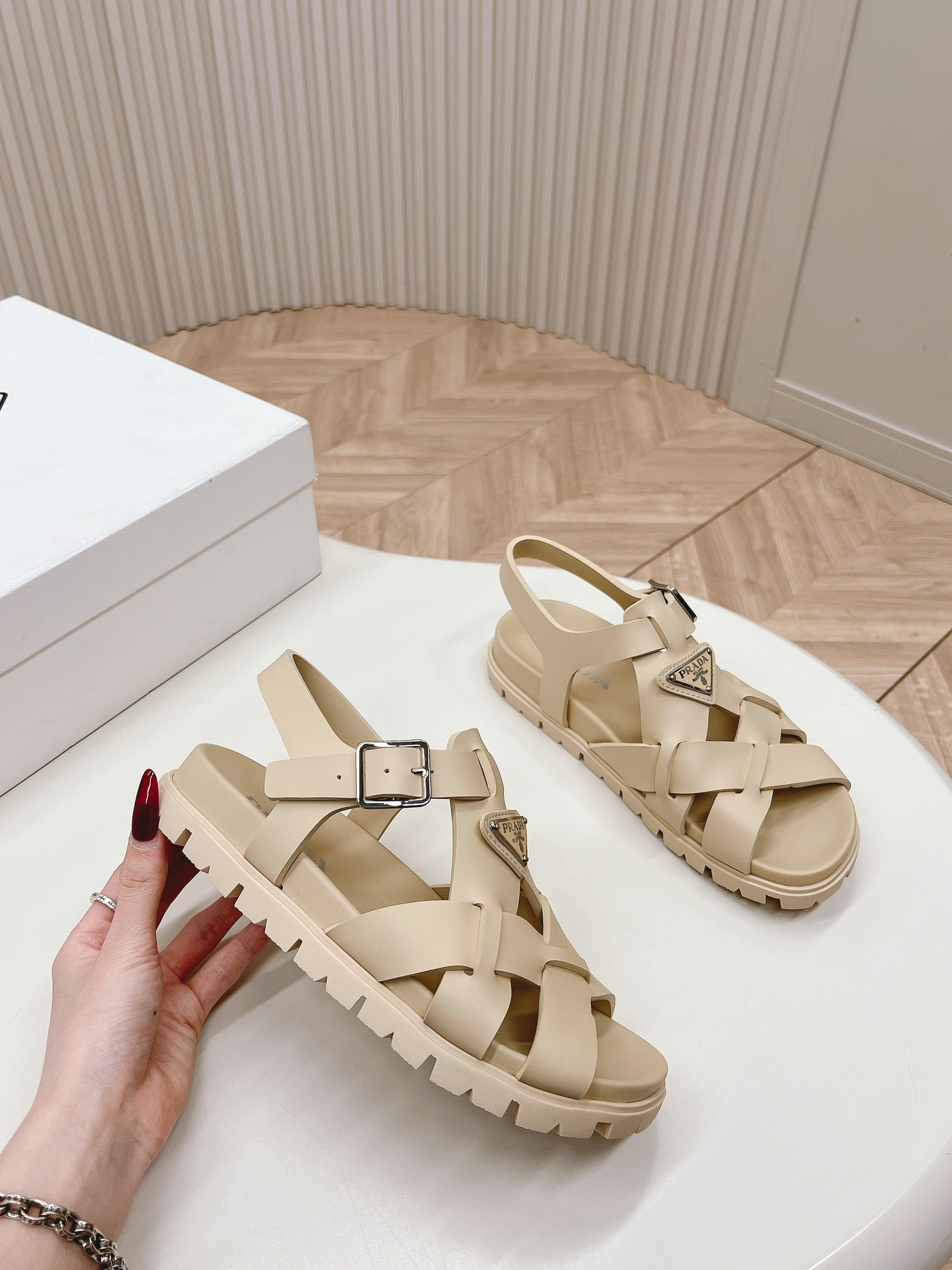 Luxury PradaInterwoven Straps Sandals 30 Beige