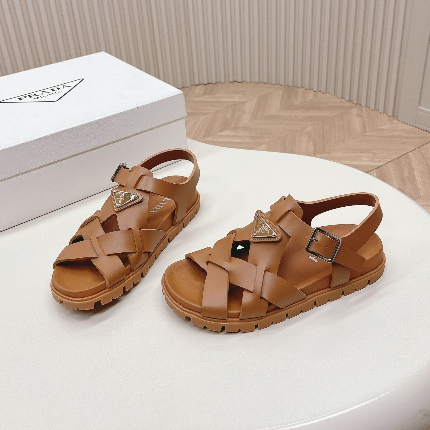 Luxury PradaInterwoven Straps Sandals 30 Tan