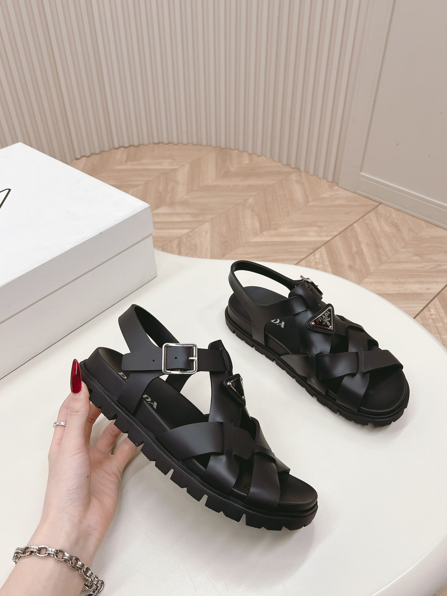 Luxury PradaInterwoven Straps Sandals 30 Black