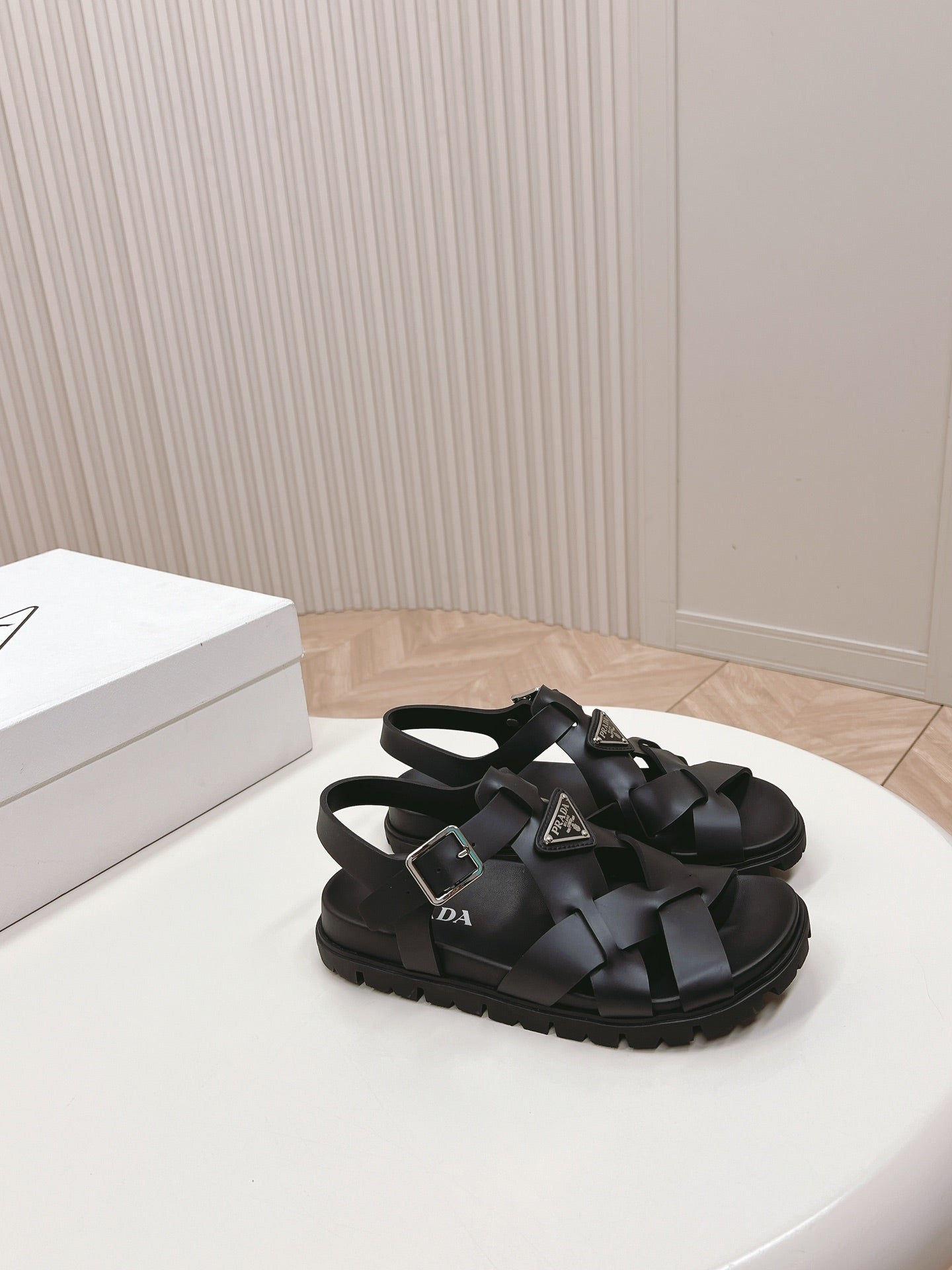 Luxury PradaInterwoven Straps Sandals 30 Black