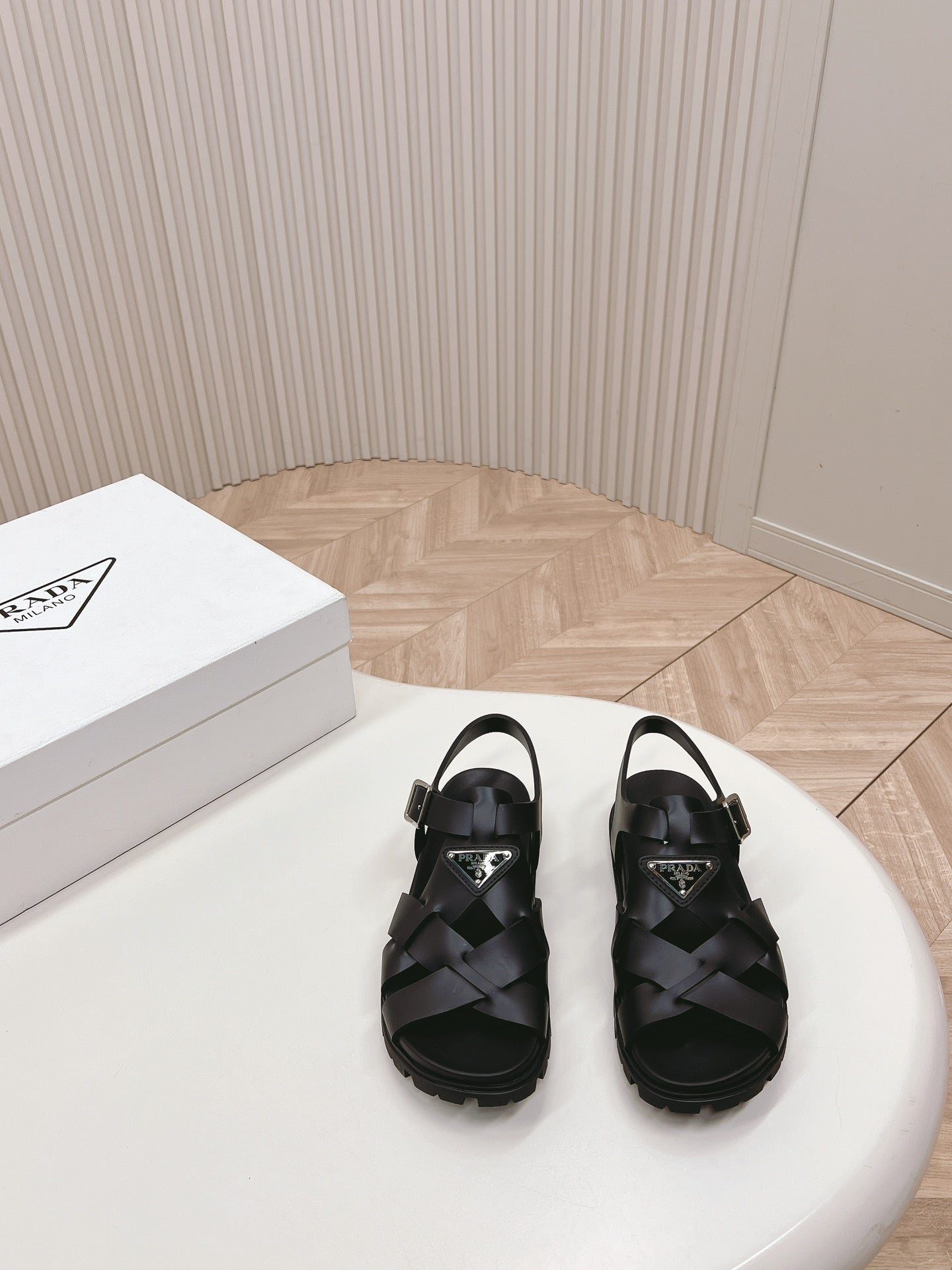 Luxury PradaInterwoven Straps Sandals 30 Black