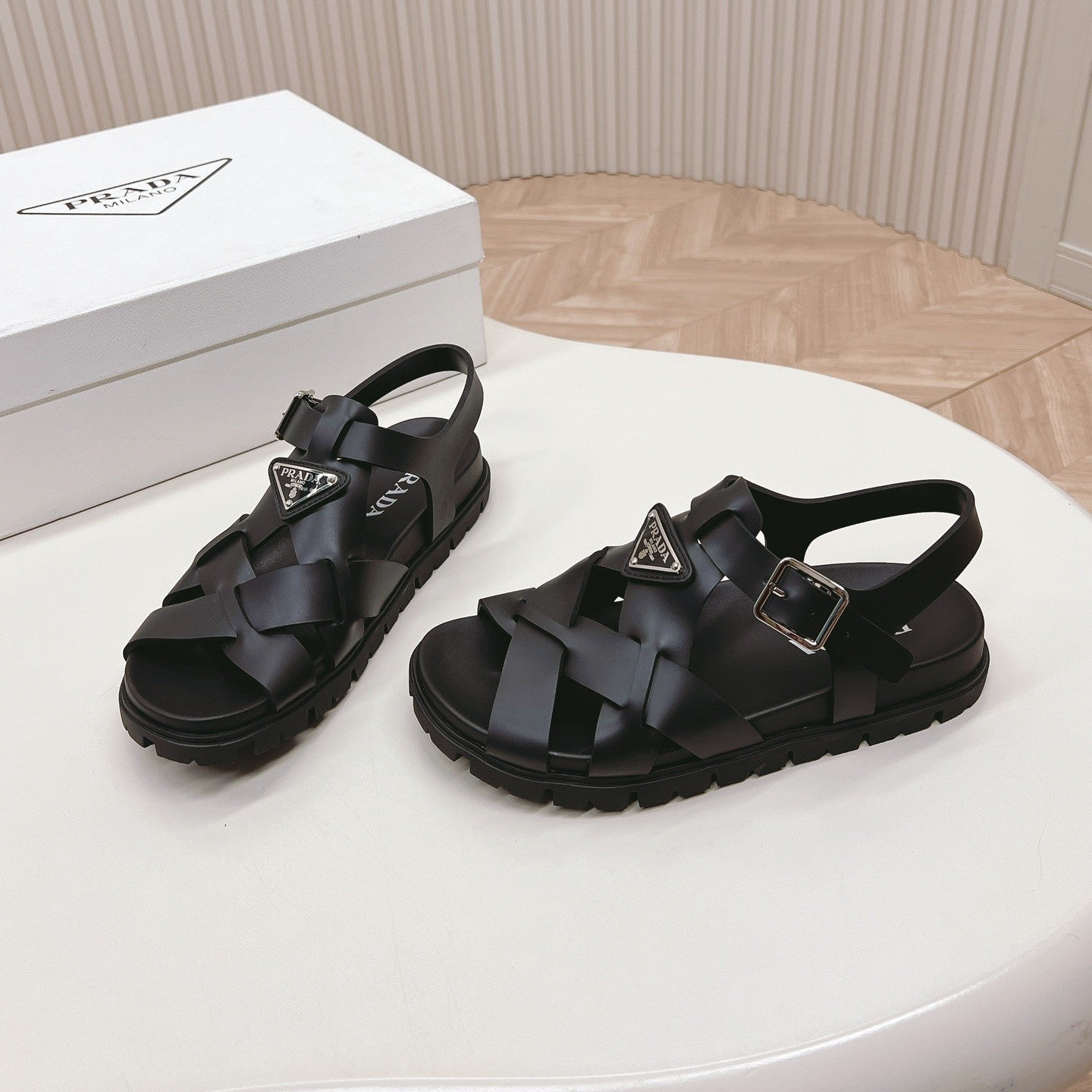 Luxury PradaInterwoven Straps Sandals 30 Black