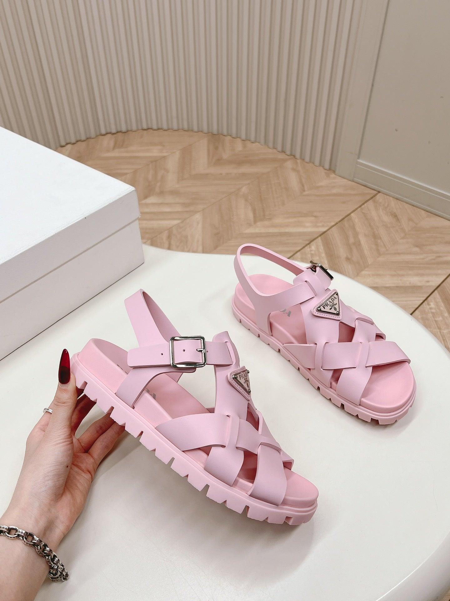 Luxury PradaInterwoven Straps Sandals 30 Pink